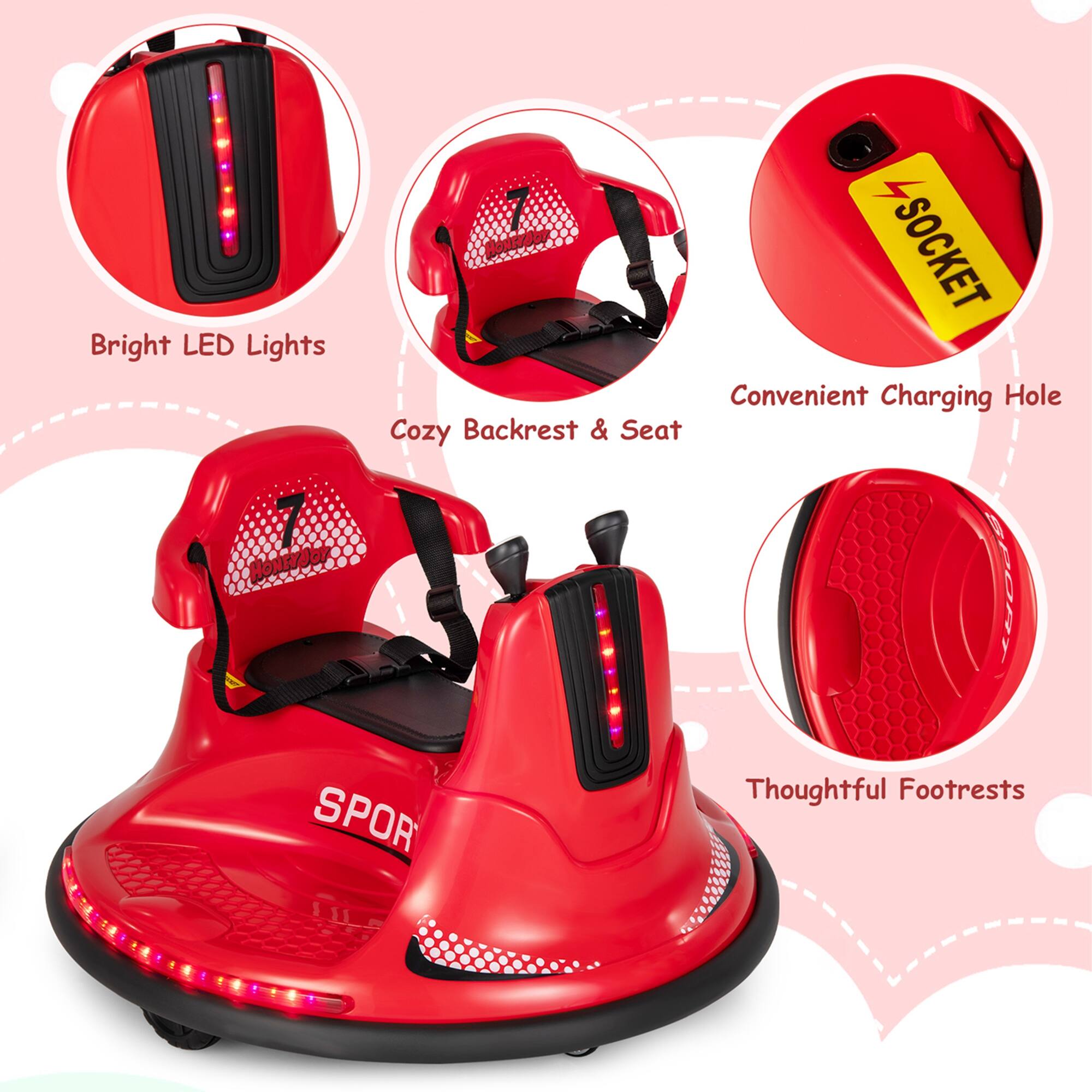 Bright LED Lights  
Cozy Backrest & Seat  
Convenient Charging Hole  
Thoughtful Footrests