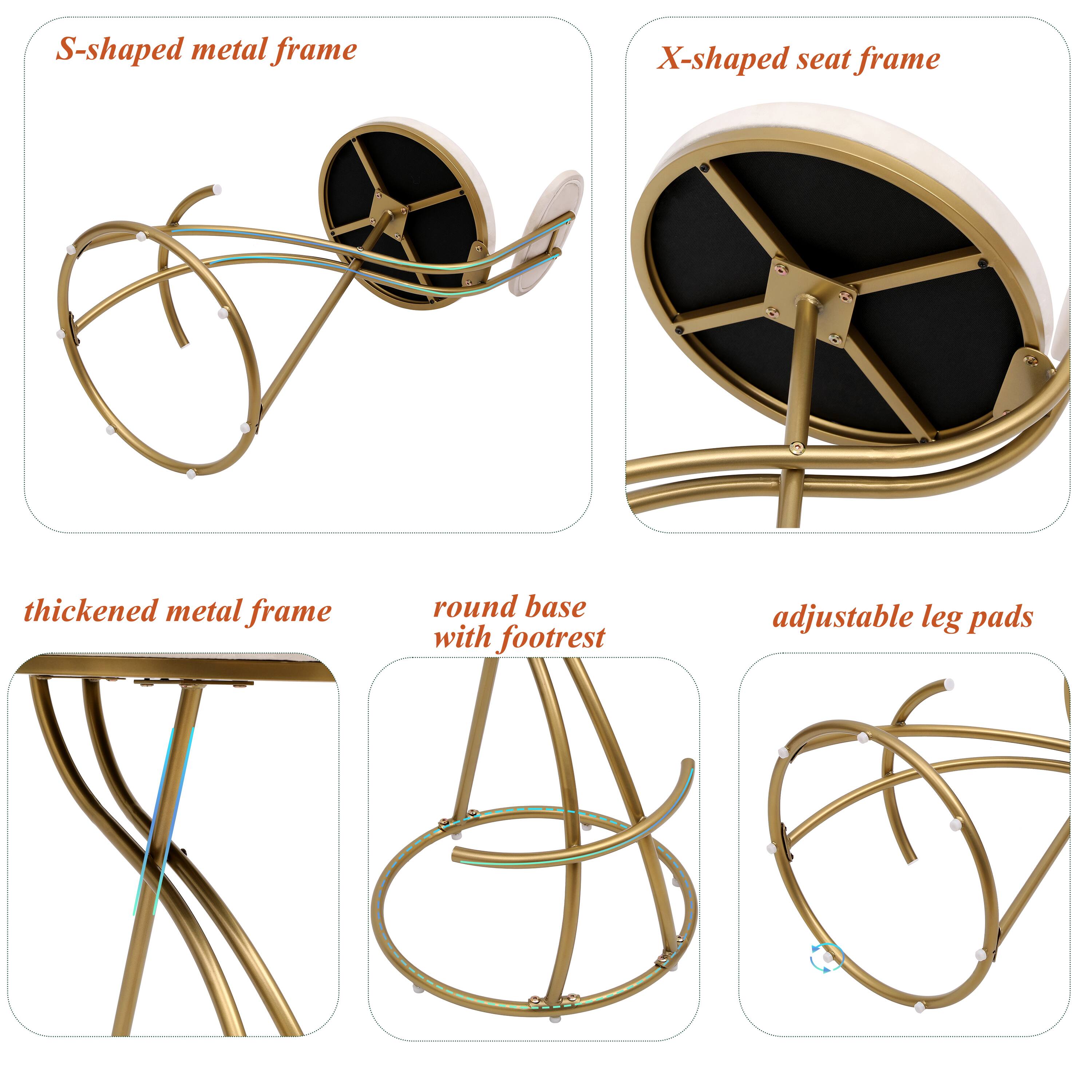 - S-shaped metal frame
- X-shaped seat frame
- Thickened metal frame
- Round base with footrest
- Adjustable leg pads