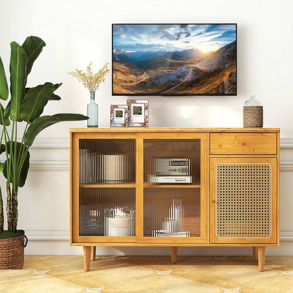 Alt View 4. Pefilos - Modern Bamboo Buffet Sideboard Cabinet, Versatile Cabinet with Tempered Glass Sliding Doors, Cabinet for Indoor, Natural - Brown.
