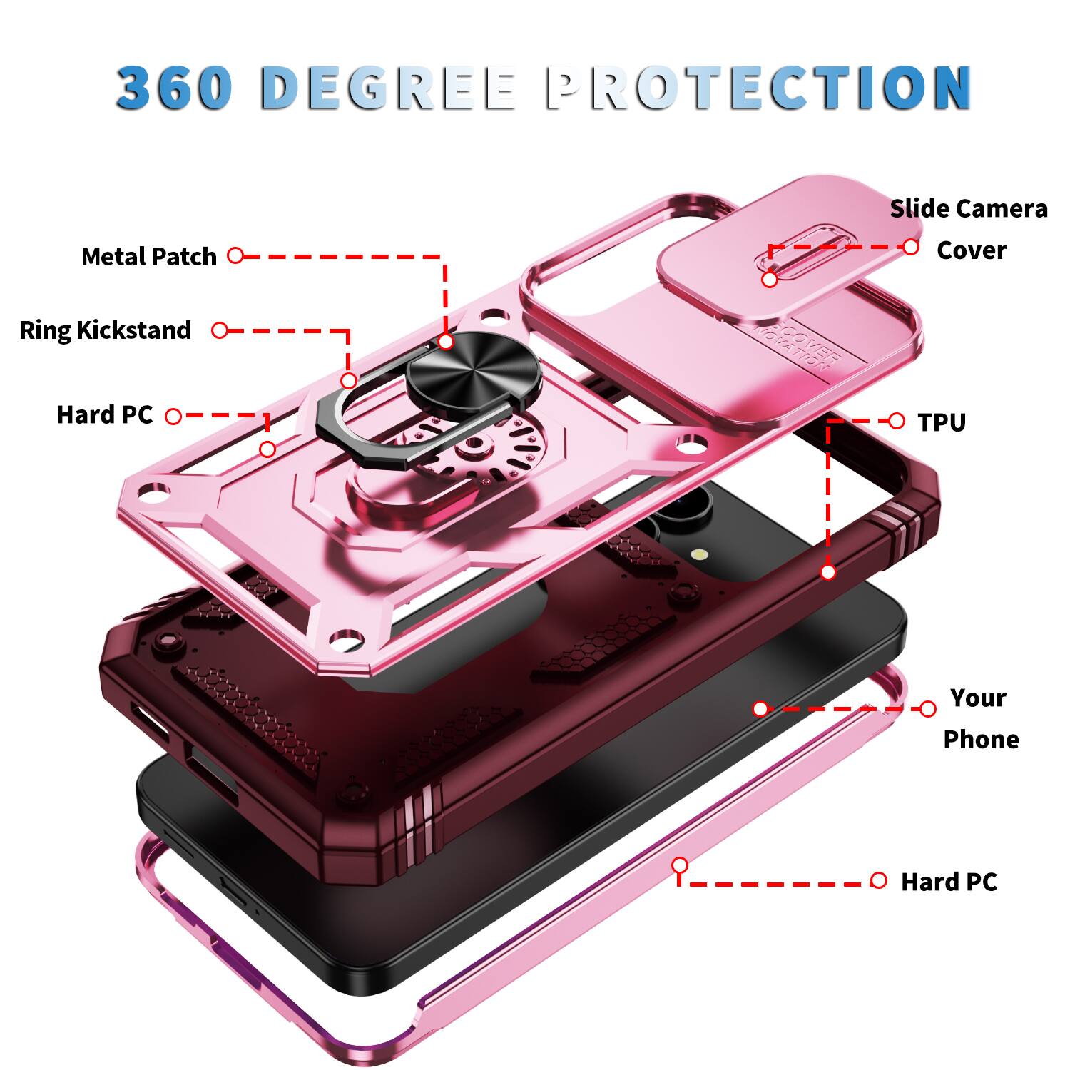360 Degree Protection

Slide Camera Metal Patch Cover Ring Kickstand Hard PC TPU Your Phone