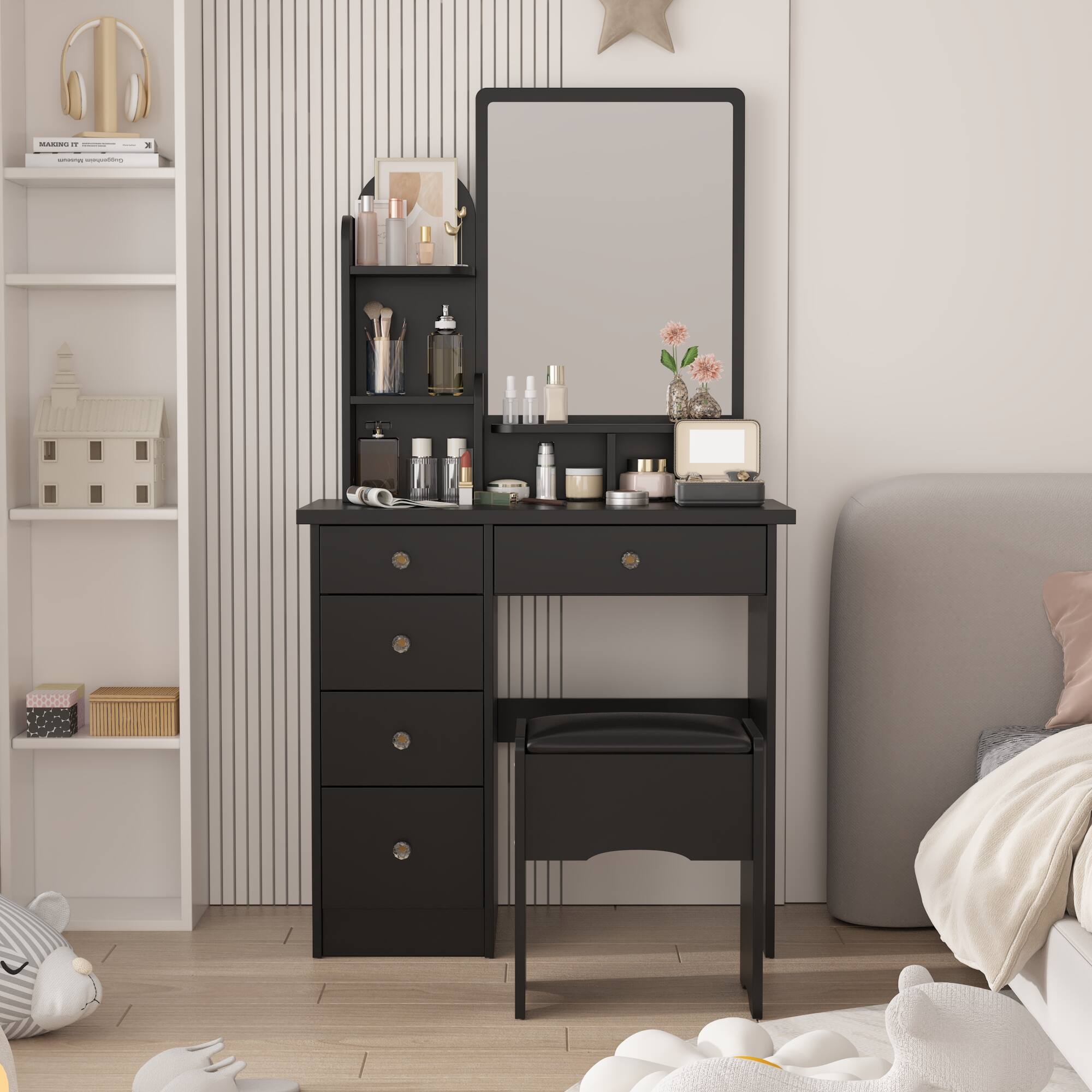 Alt View 7. Famapy - Vanity Table with Stool Organized Dresser Beauty Station for Your Daily Routine - Black.