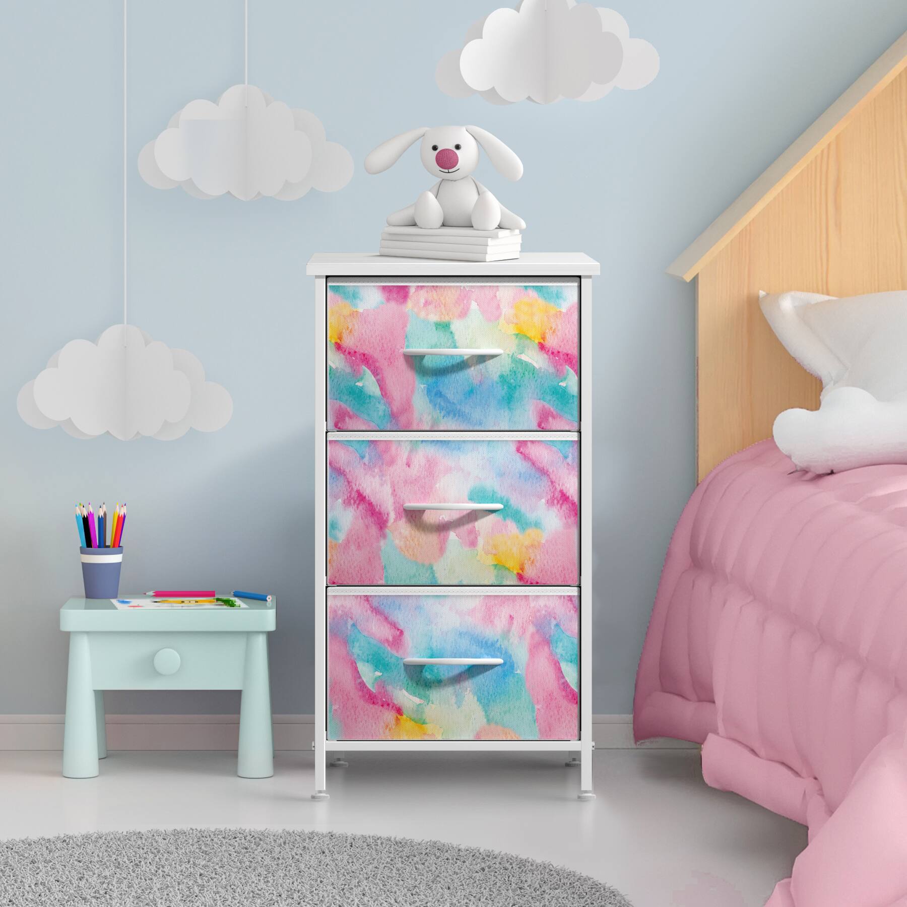 Alt View 1. Sorbus - Sorbus Nightstand with 3 Drawers, Bedside Furniture & Night Stand Dresser with Steel Frame, Wood Top, Fabric Bins - Watermelon Tie-Dye.