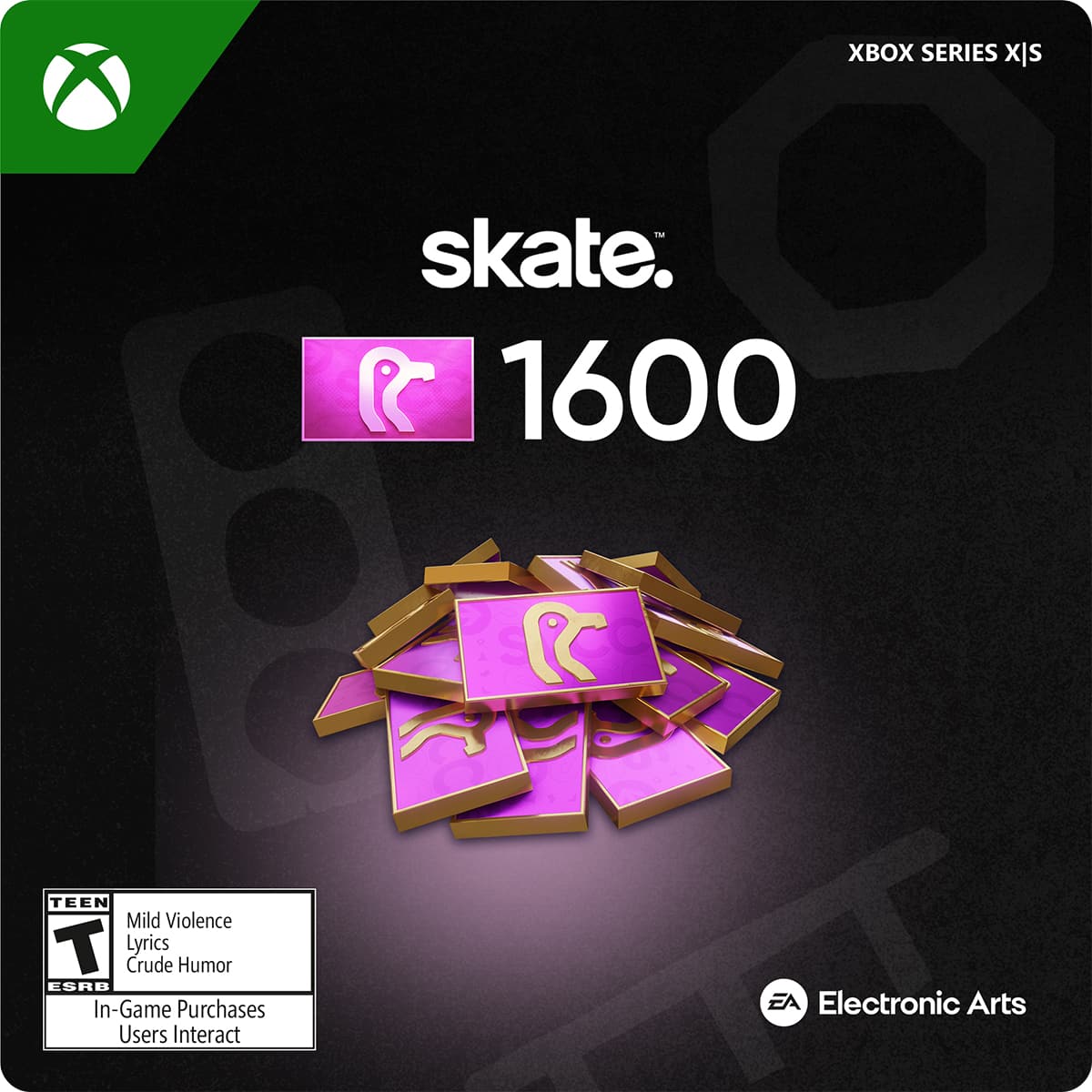 XBOX SERIES X/S  
skate. 1600  
P 1600 C  
TEEN Mild Violence Lyrics Crude Humor ESRB In-Game Purchases Users Interact  
EA Electronic Arts