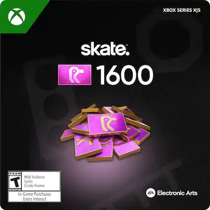 XBOX SERIES X/S
skate. 1600
P 1600 C
TEEN Mild Violence Lyrics Crude Humor ESRB In-Game Purchases Users Interact
EA Electronic Arts