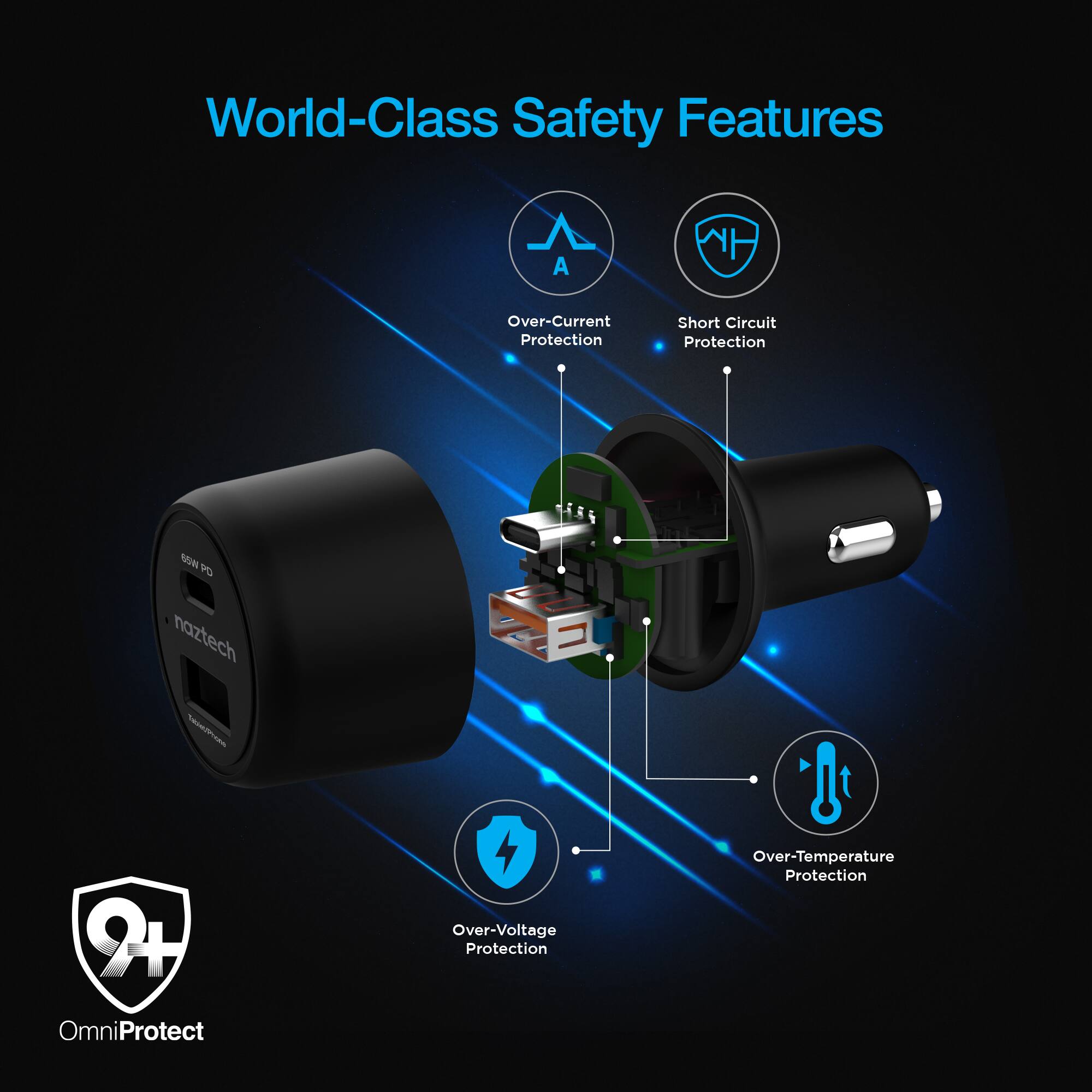 World-Class Safety Features

- Over-Current Protection
- Short Circuit Protection
- Over-Voltage Protection
- Over-Temperature Protection

naztech TA I 2+ OmniProtect