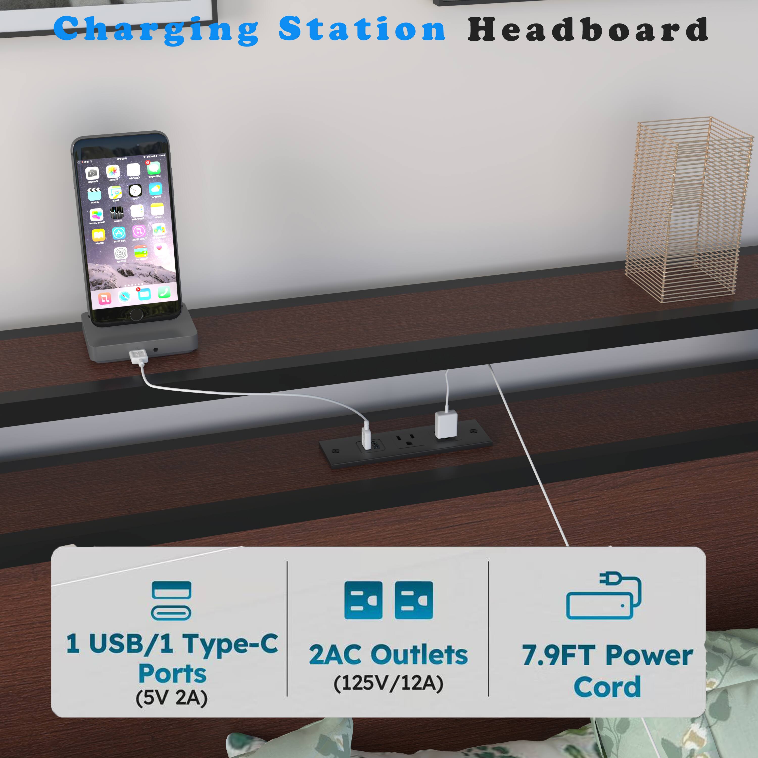 Charging Station Headboard

1 USB/1 Type-C Ports (5V 2A)

2AC Outlets (125V/12A)

7.9FT Power Cord