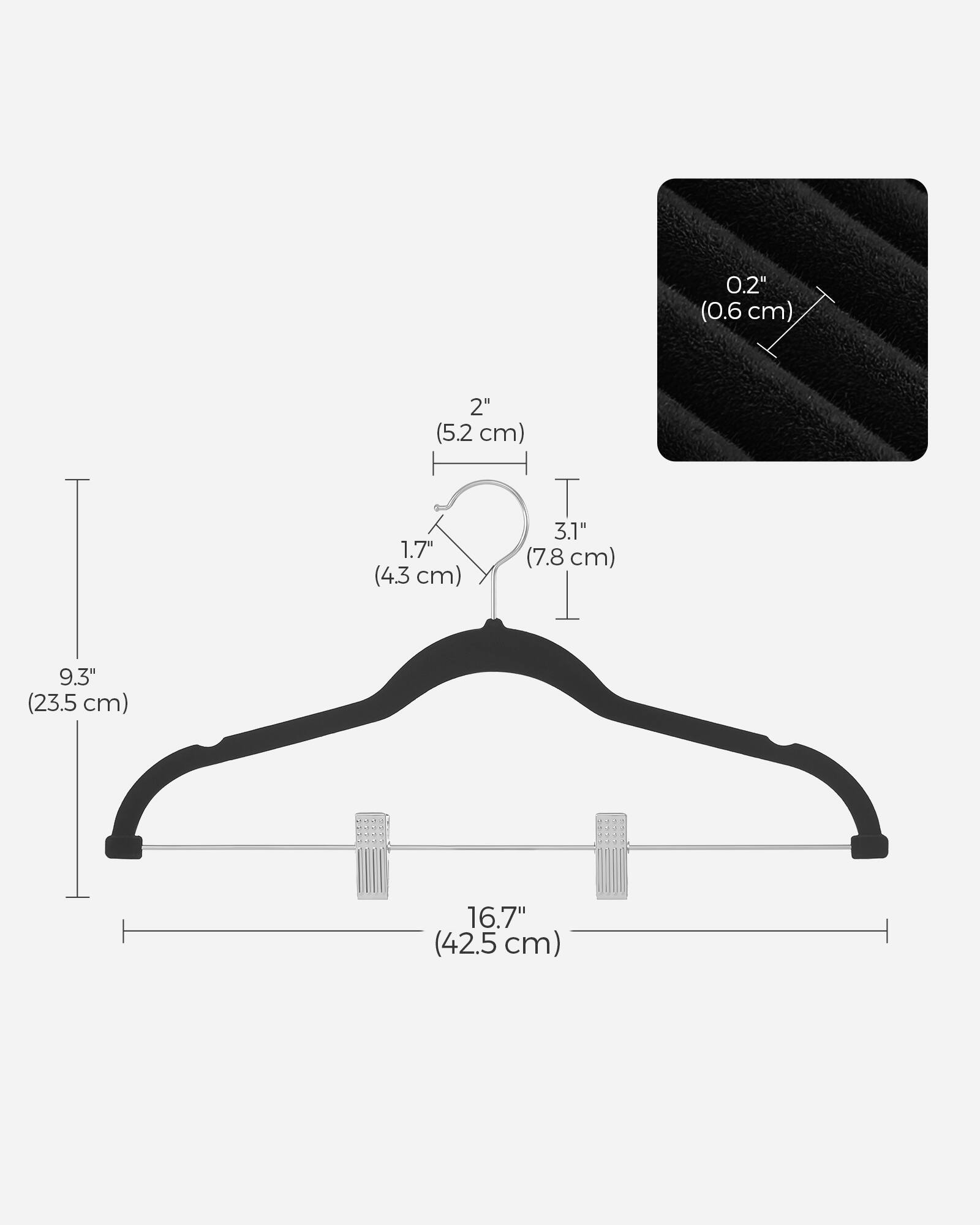 0.2" (0.6 cm)  
2" (5.2 cm)  
1.7" (4.3 cm)  
3.1" (7.8 cm)  
9.3" (23.5 cm)  
16.7" (42.5 cm)