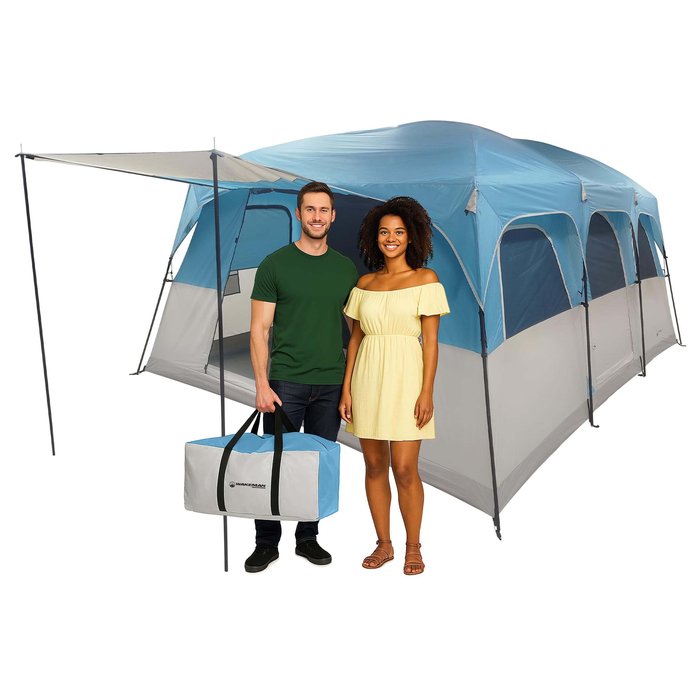 Wakeman Outdoors - 12 Person Large Camping Tent Tall Family Cabin Shelter with 2 Room Dividers, 6 Mesh Windows, Rainfly, and Carry Bag - Blue/Gray