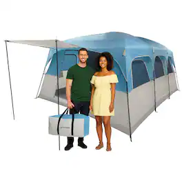Wakeman Outdoors - 12 Person Large Camping Tent Tall Family Cabin Shelter with 2 Room Dividers, 6 Mesh Windows, Rainfly, and Carry Bag - Blue/Gray