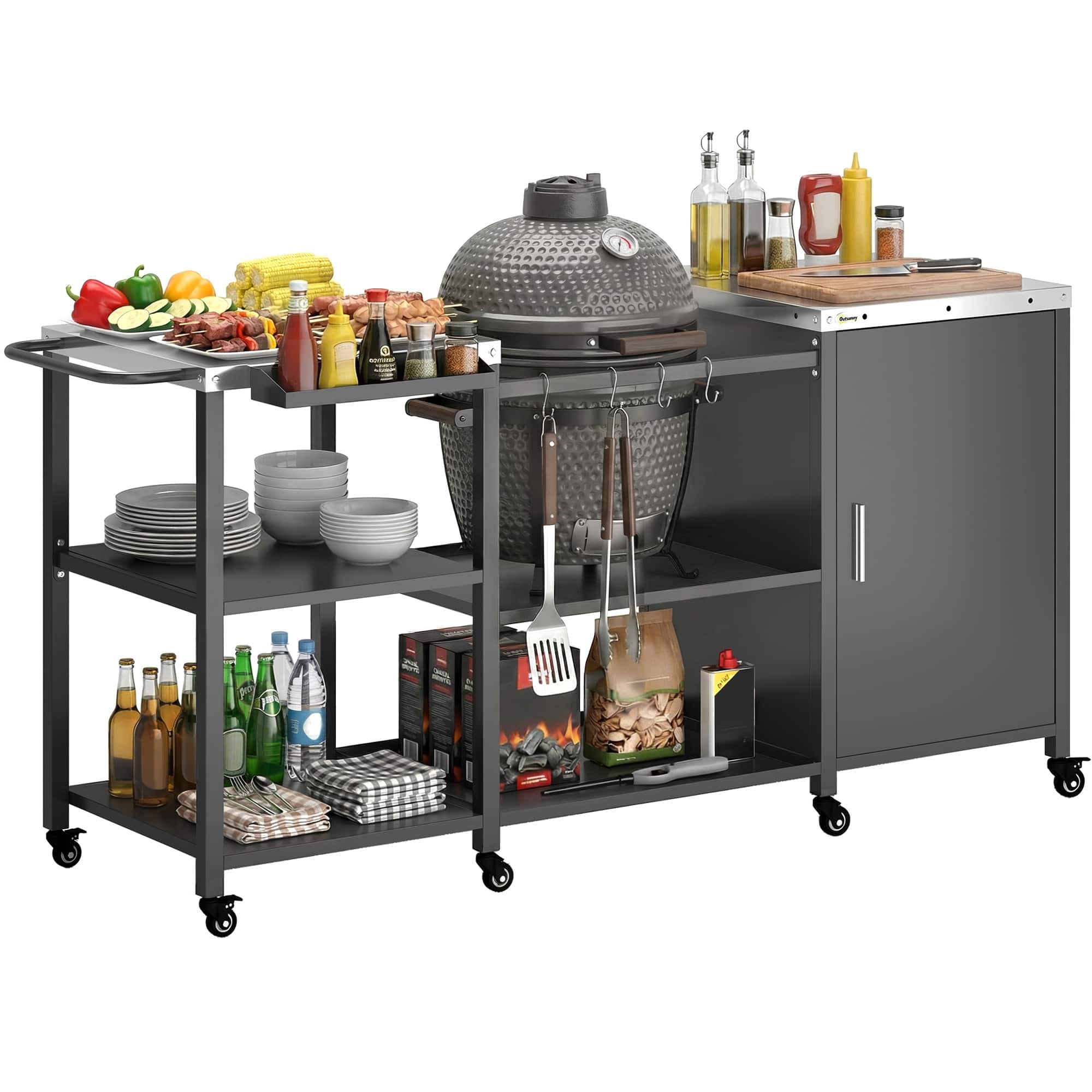 Outsunny - Grill Table for Big Green Egg Grill, Heavy Duty Metal BBQ Prep Table with Stainless Steel Top, Storage Cabinet