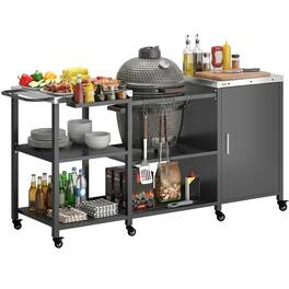 Outsunny - Grill Table for Big Green Egg Grill, Heavy Duty Metal BBQ Prep Table with Stainless Steel Top, Storage Cabinet