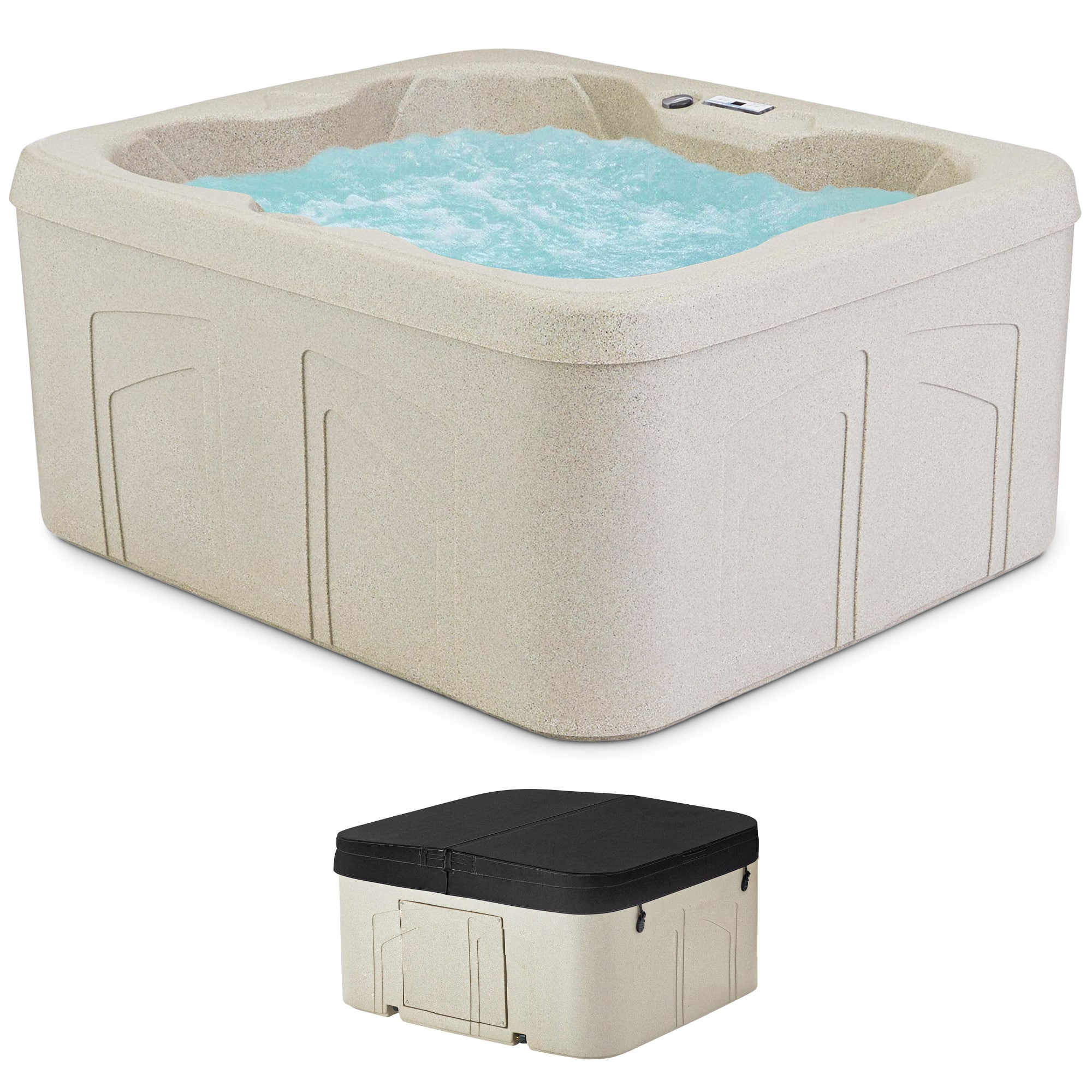 Lifesmart - LS100 Sand 4 Person Plug and Play Square Hot Tub Spa with Black Cover - Beige