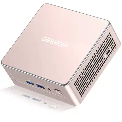 Front. Geekom - A5 Mini PC with AMD Ryzen 7 5825U, 32GB RAM& 512GB M.2 NVMe SSD, Windows 11 Pro Pre-installed - Rose Gold.