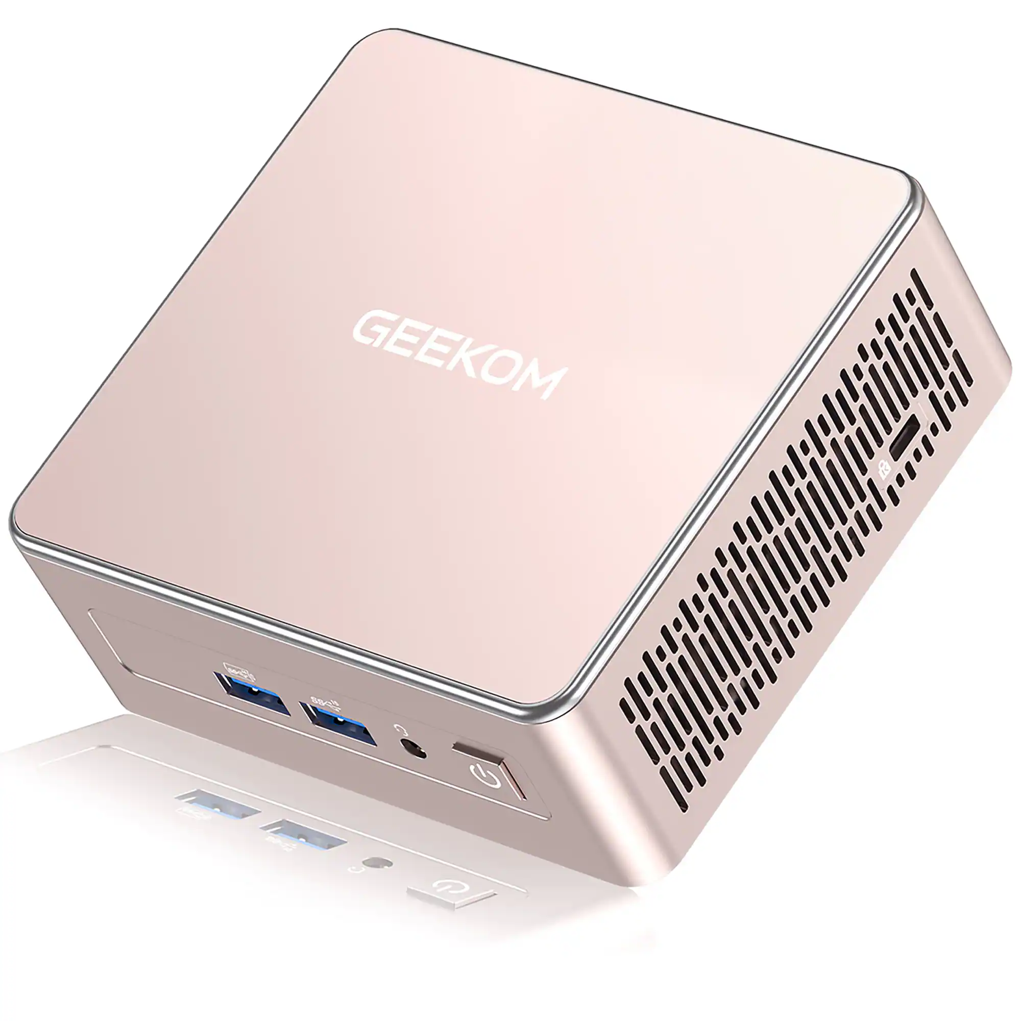 Front. Geekom - A5 Mini PC with AMD Ryzen 7 5825U, 32GB RAM& 512GB M.2 NVMe SSD, Windows 11 Pro Pre-installed - Rose Gold.