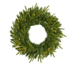 BreeBe - 24” Long Pine Artificial Christmas Wreath with 35 LED Lights - Green