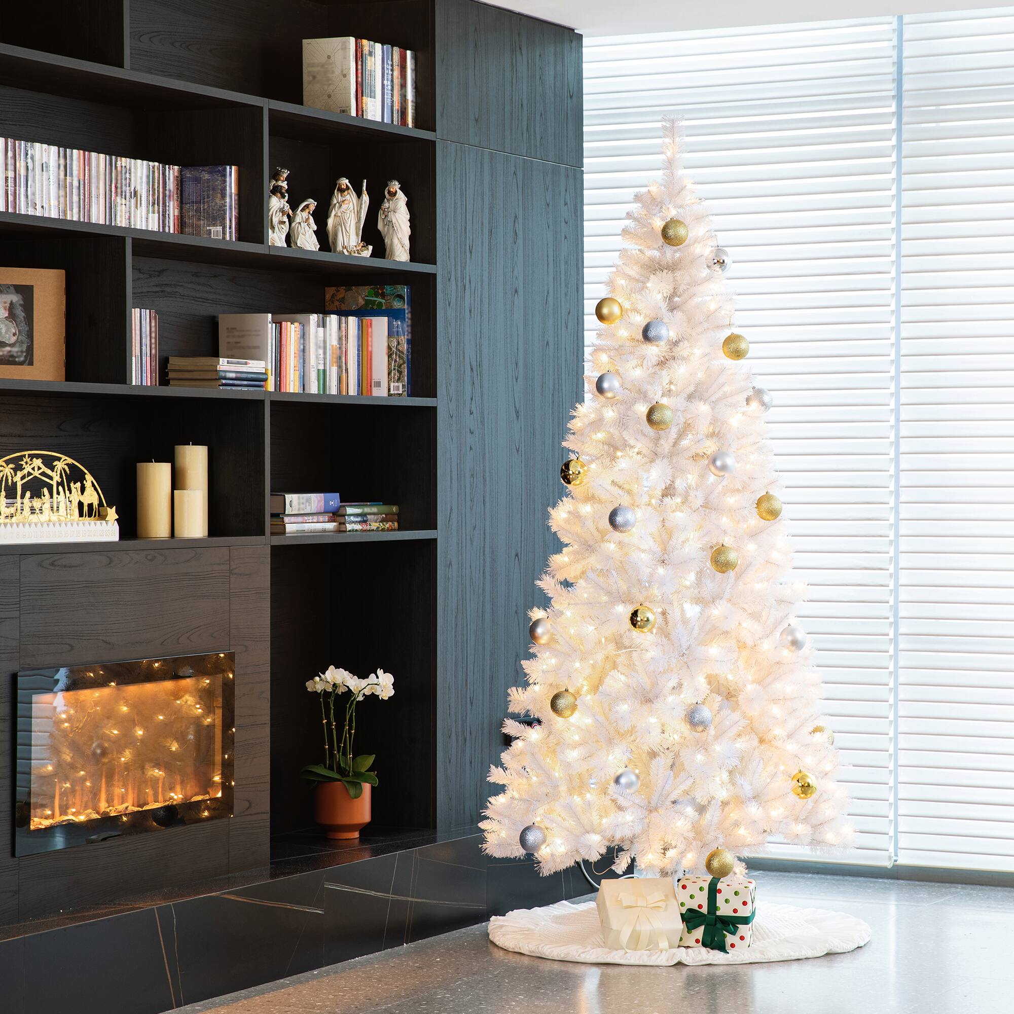 Alt View 8. Glitzhome - 8ft Pre-Lit White Pine Full-size Artificial Christmas Tree with 500 Warm White Lights - White.