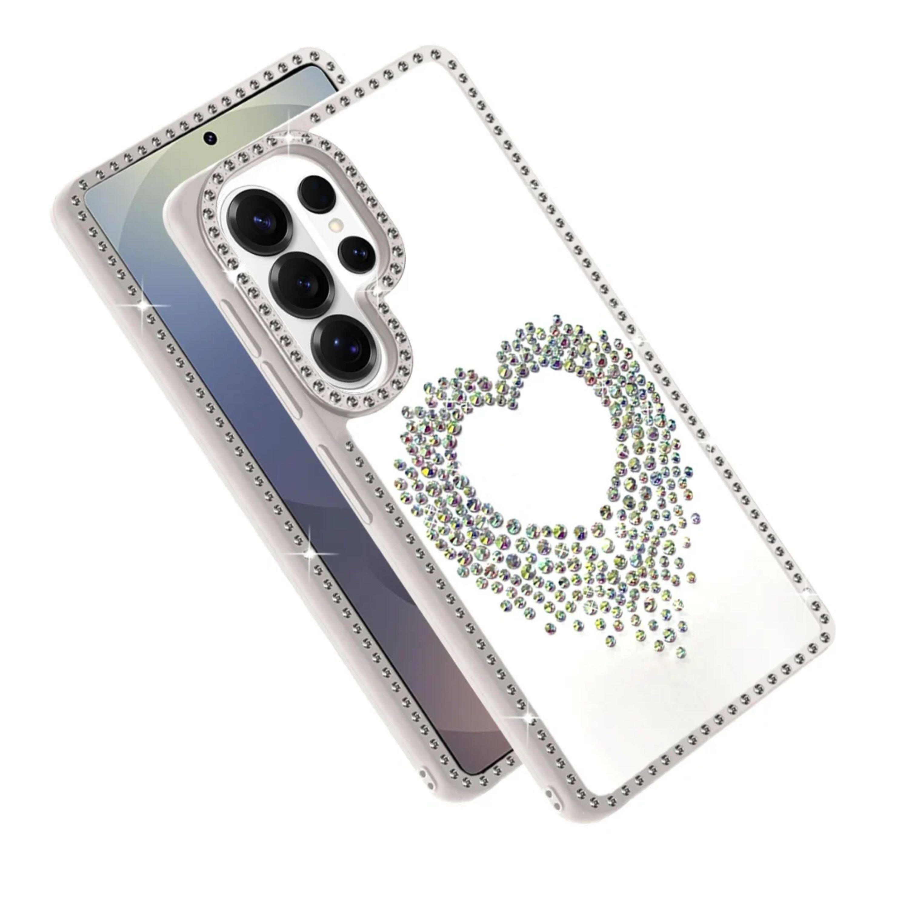 Angle. Kitcheniva - Heart Shaped Crystals Design Phone Case With Tempered Glass For Samsung S26 Ultra Beige - Beige.