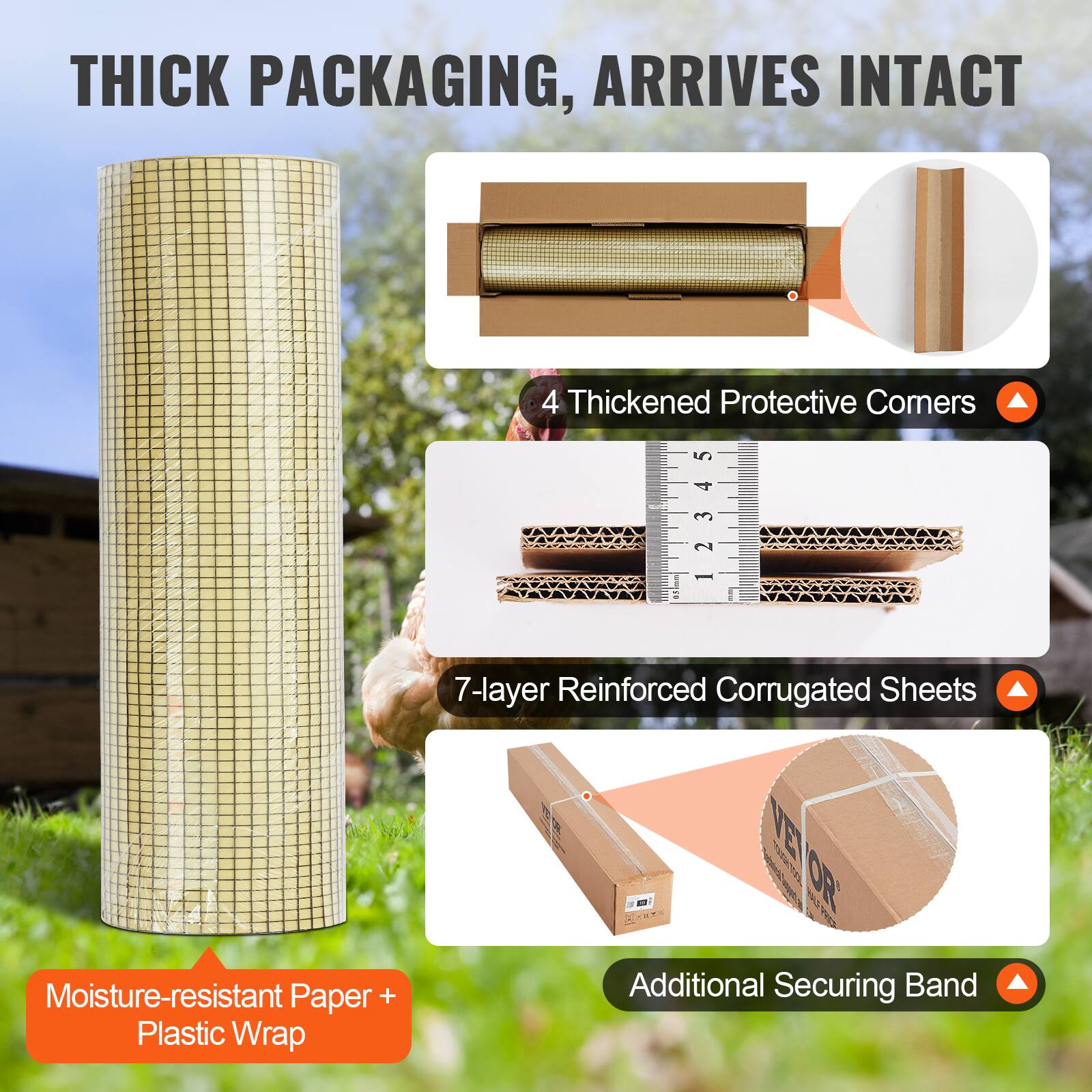 THICK PACKAGING, ARRIVES INTACT

- 4 Thickened Protective Corners
- 7-layer Reinforced Corrugated Sheets
- Moisture-resistant Paper + Plastic Wrap
- Additional Securing Band