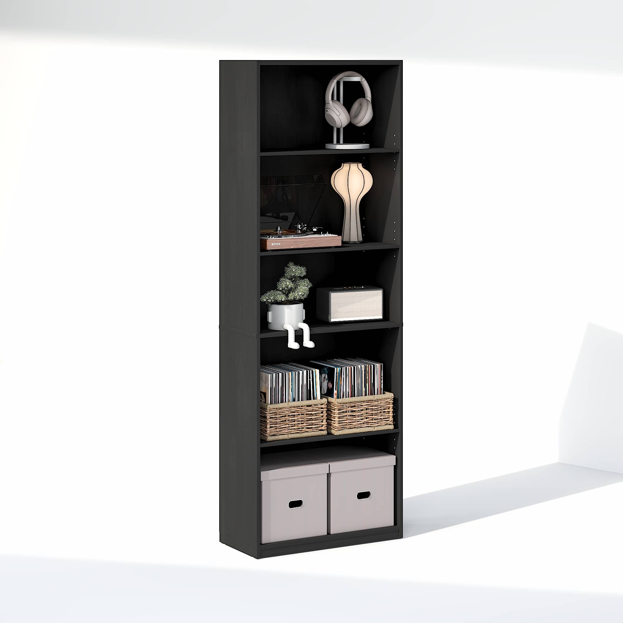 Furinno - GEHRY 5-Tier Media Storage, CD DVD Media Tower, with Adjustable Shelves, for Living Room, Home Office - Blackwood