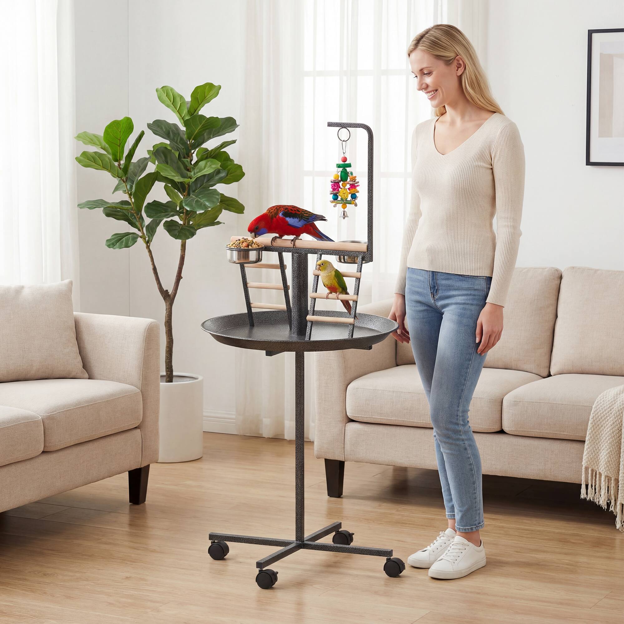 Alt View 1. Pawhut - Stand with Wheels Parrot Play Stand with Round Tray Stainless Steel Feed Bowls Indoor Outdoor Dark - Dark Gray, Natural Wood.