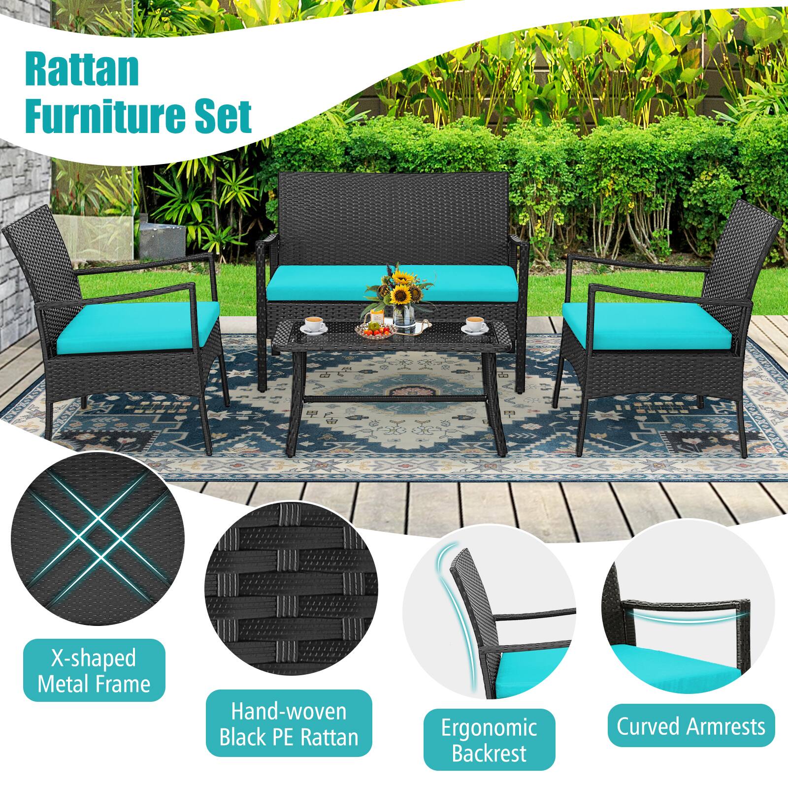 Rattan Furniture Set

- X-shaped Metal Frame
- Hand-woven Black PE Rattan
- Ergonomic Backrest
- Curved Armrests