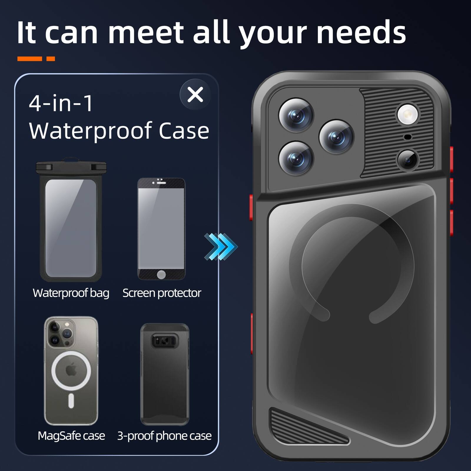 It can meet all your needs

4-in-1 Waterproof Case
- Waterproof bag
- Screen protector
- MagSafe case
- 3-proof phone case