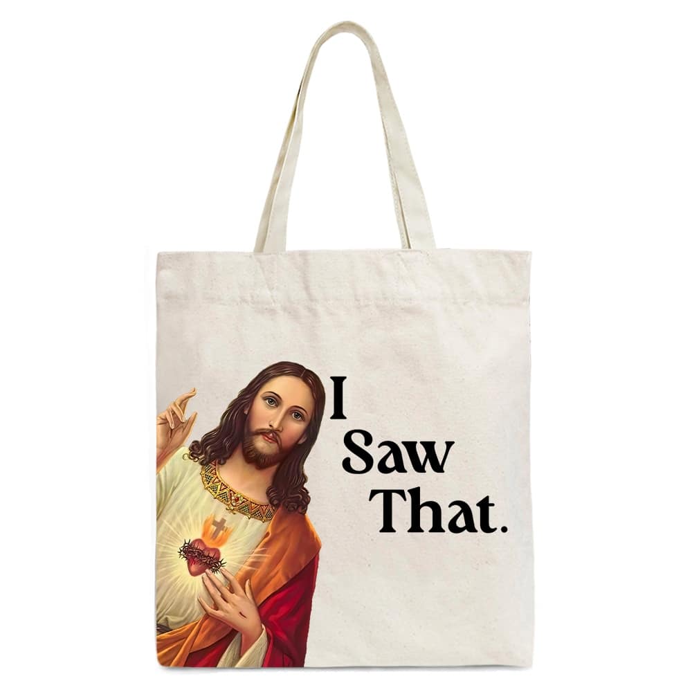 OrnamentallyYou - Jesus I Saw That Canvas Tote Bag, Whimsical Christians Gift Shopper - Beige