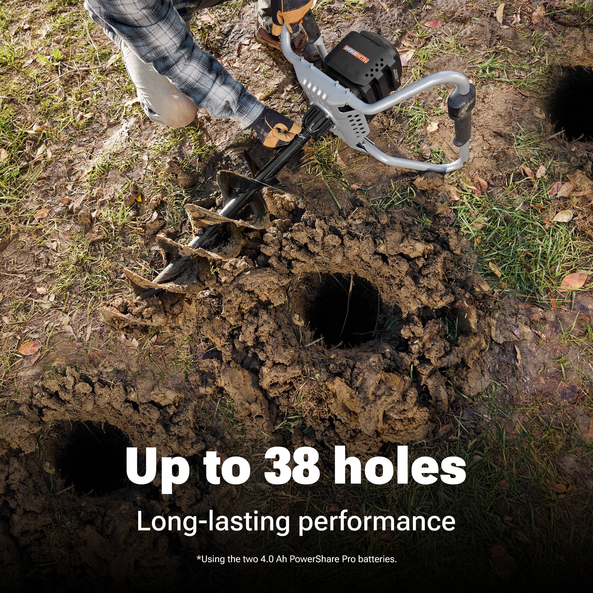 Up to 38 holes  
Long-lasting performance  
*Using the two 4.0 Ah PowerShare Pro batteries.