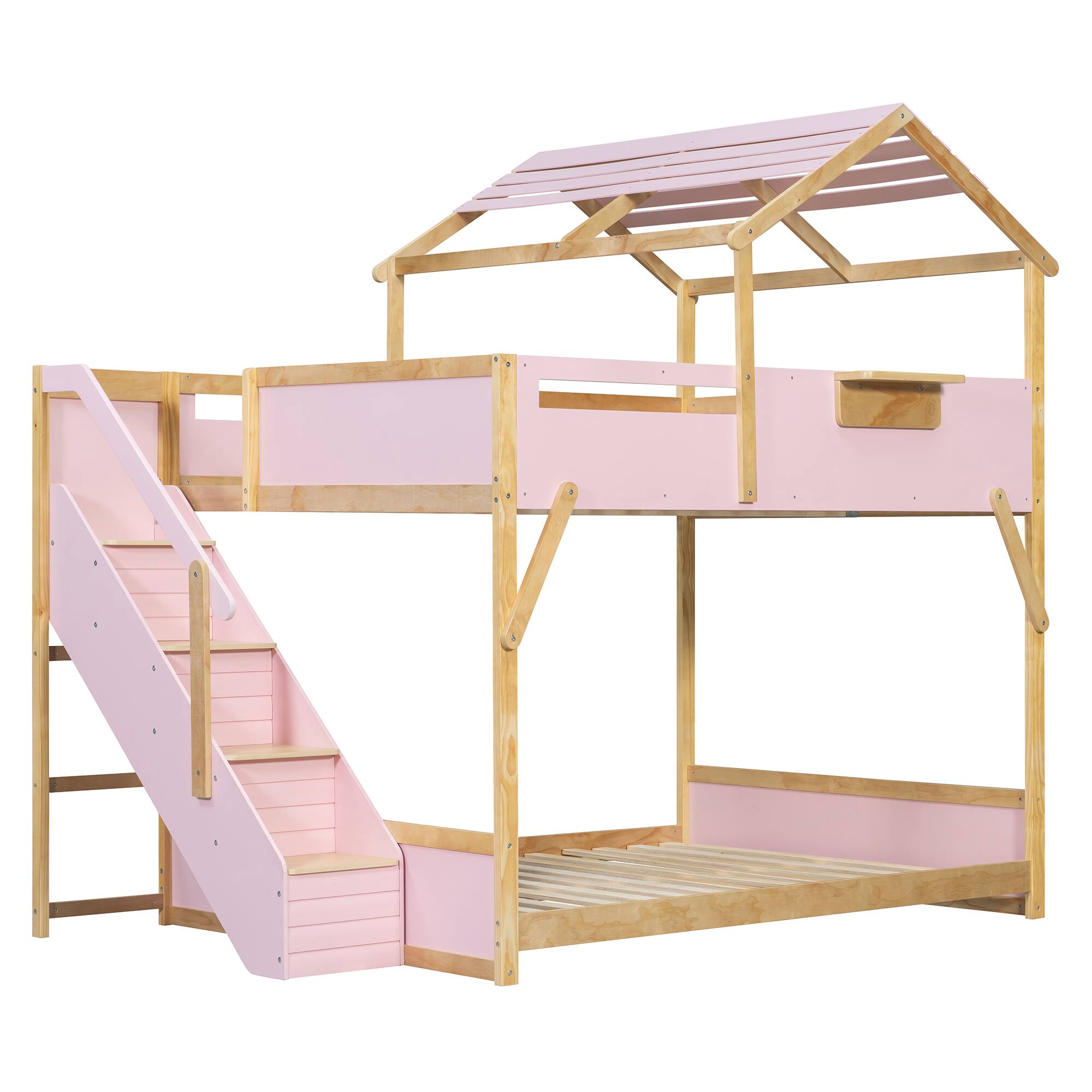 Left. Anysun - Full over Full House Bunk Bed with Stairs and 3-Color LED Lights - Pink.
