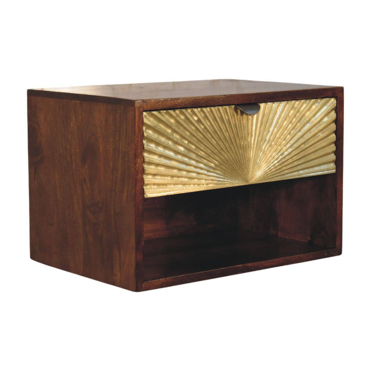 Left. Artisan Furniture - Artisan Furniture Solid Wood Sunburst Wall-Mounted Bedside, 1 Drawer, 1 Open Shelf, Brown And Gold - Brown and Gold.
