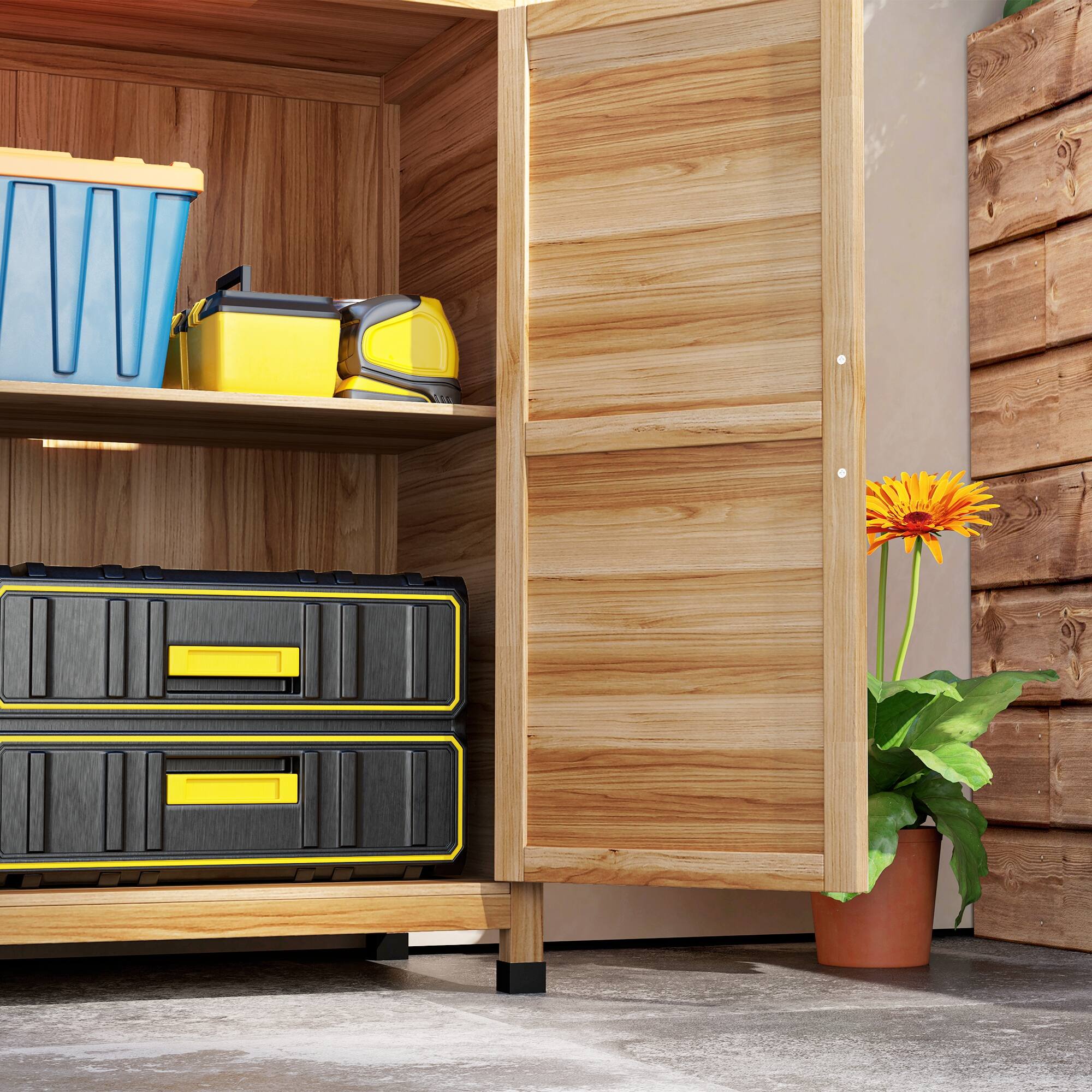 Alt View 7. Outsunny - Outdoor Storage Cabinet, Wooden Tool Storage Box with Metal Tabletop and Shelf, Potting Bench Table with Double Doors.