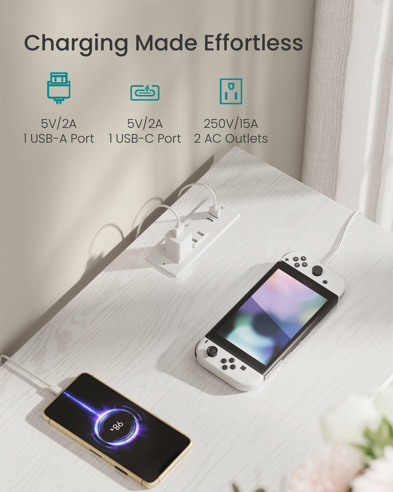 Charging Made Effortless  
5V/2A 1 USB-A Port  
5V/2A 1 USB-C Port  
250V/15A 2 AC Outlets  
*86
