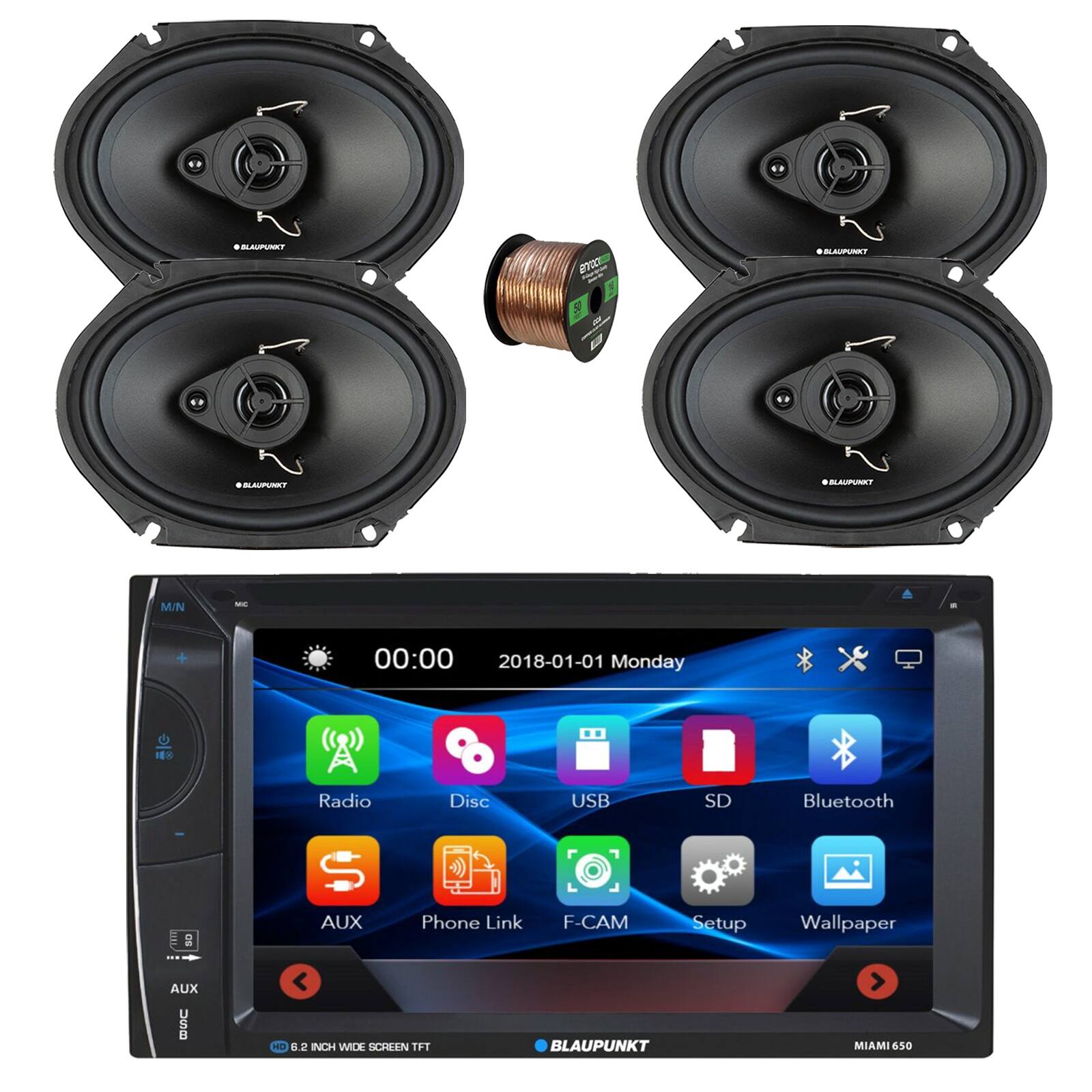 BU? GO0T AAUAET S - BLAUPUN? M/N - 00:00 2018-01-01 Monday
Radio Disc USB SD Bluetooth Os S AUX Phone Link 7 F-CAM Setup Wallpaper AUX OUC
6.2 INCH WIDE SCREEN TFT BLAUPUNKT MIAMI 610