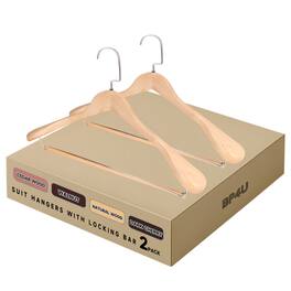 BP4U - 2-Pack Premium Wide Shoulder Wooden Suit Hangers, Solid Wood Clothers Hangers with Locking Bar for Coats - Natural Wood