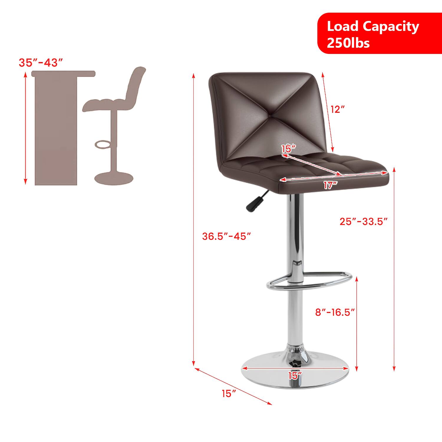 35"-43" Load Capacity 250lbs  
12" 15" 17"  
36.5"-45" 25"-33.5"  
8"-16.5" 15" 15"