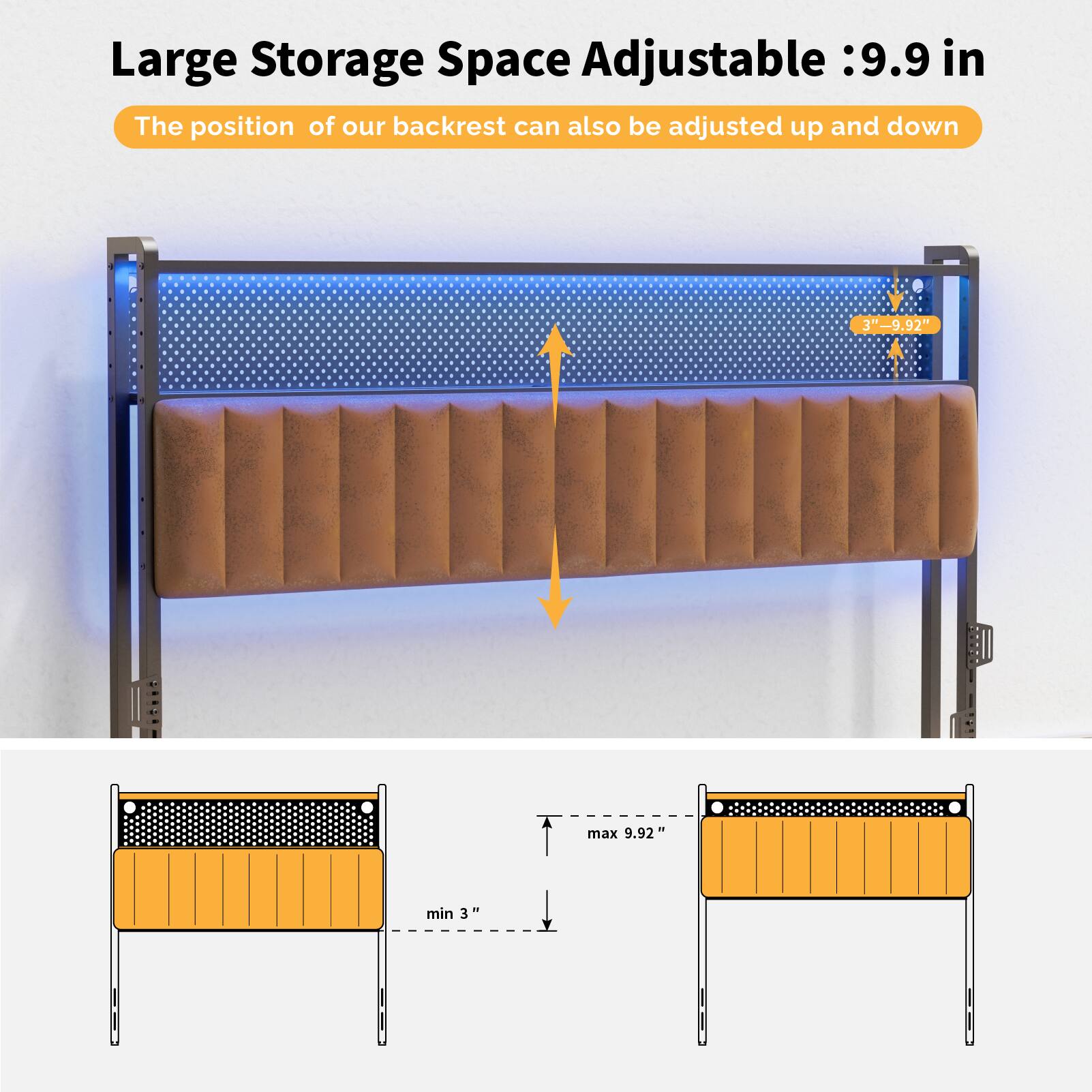 Large Storage Space Adjustable: 9.9 in  
The position of our backrest can also be adjusted up and down  
3" - 9.92"  
max 9.92"  
min 3"