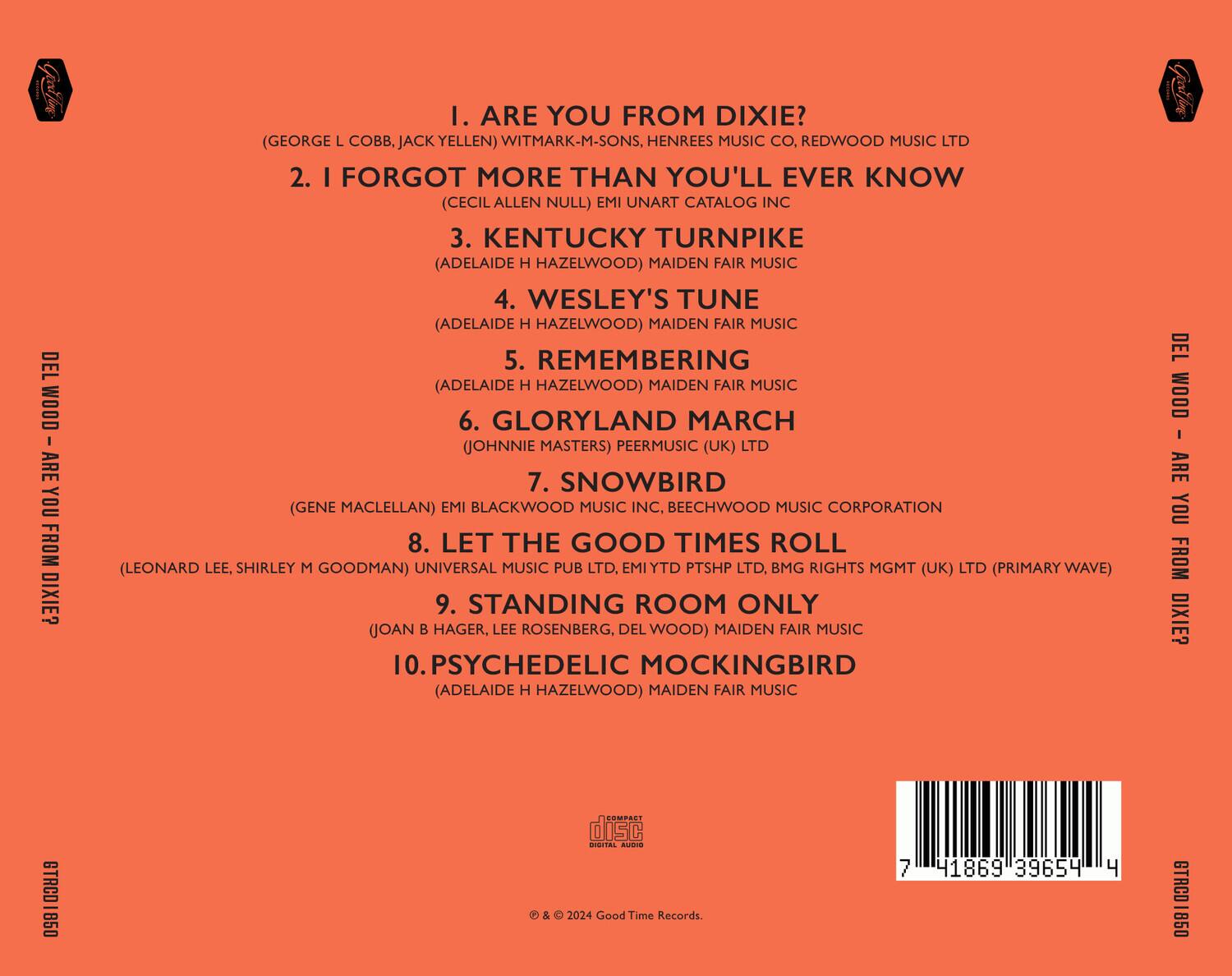 DEL WOOD - ARE YOU FROM DIXIE?

1. ARE YOU FROM DIXIE?  
   (GEORGE L COBB, JACK YELLEN)  
   WITMARK-M-SONS, HENREES MUSIC CO, REDWOOD MUSIC LTD

2. I FORGOT MORE THAN YOU'LL EVER KNOW  
   (CECIL ALLEN NULL)  
   EMI UNART CATALOG INC

3. KENTUCKY TURNPIKE  
   (ADELAIDE H HAZELWOOD)  
   MAIDEN FAIR MUSIC

4. WESLEY'S TUNE  
   (ADELAIDE H HAZELWOOD)  
   MAIDEN FAIR MUSIC

5. REMEMBERING  
   (ADELAIDE H HAZELWOOD)  
   MAIDEN FAIR MUSIC

6. GLORYLAND MARCH  
   (JOHNNIE MASTERS)  
   PEERMUSIC (UK) LTD

7. SNOWBIRD  
   (GENE MACLELLAN)  
   EMI BLACKWOOD MUSIC INC, BEECHWOOD MUSIC CORPORATION

8. LET THE GOOD TIMES ROLL  
   (LEONARD LEE, SHIRLEY M