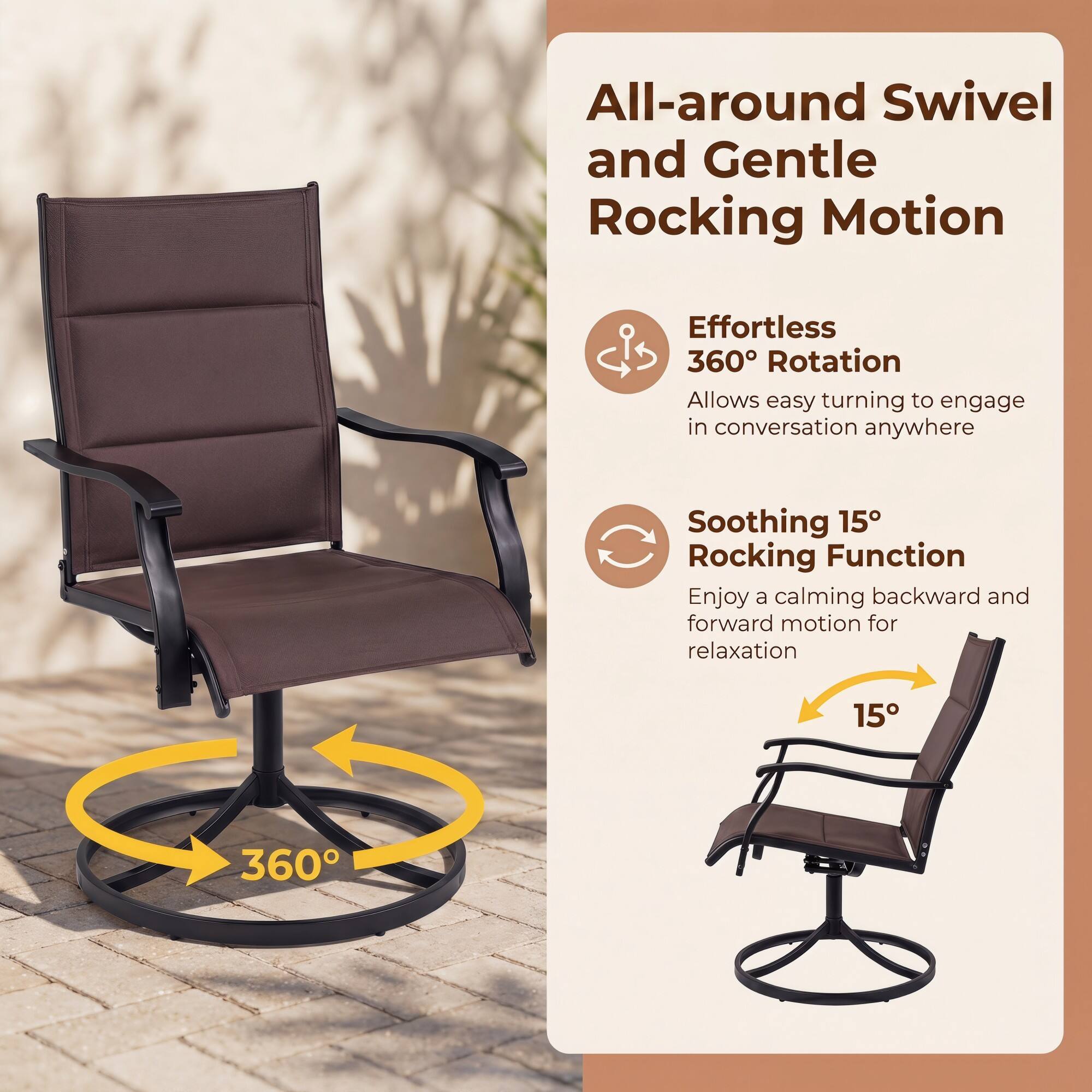 All-around Swivel and Gentle Rocking Motion

Effortless 360° Rotation
Allows easy turning to engage in conversation anywhere

Soothing 15° Rocking Function
Enjoy a calming backward and forward motion for relaxation