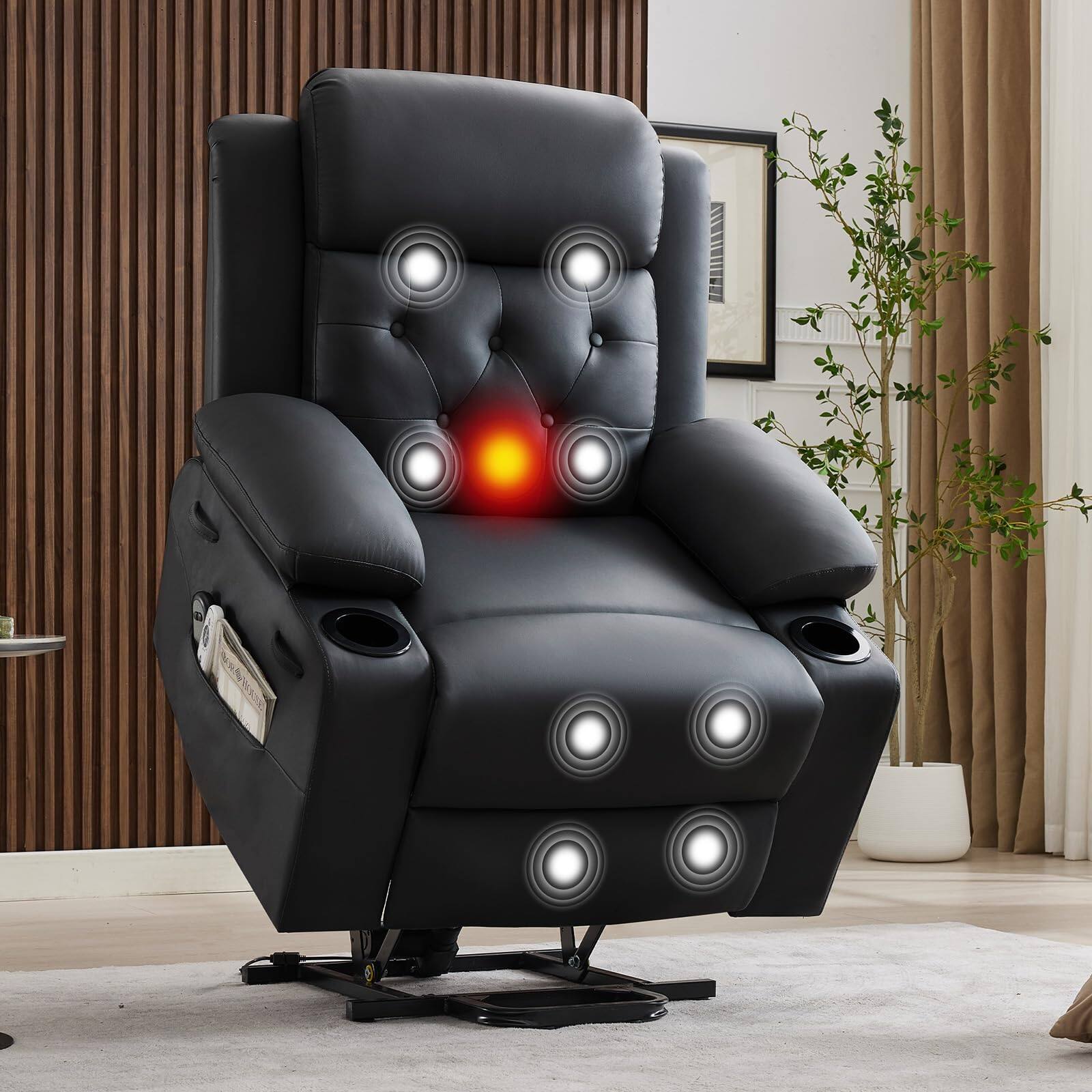 Front. Acekool - Power Lift Recliner Chair with Massage & Heating, Oversized PU Leather Lift Chair with Cup Holders & Side Pockets - Black.