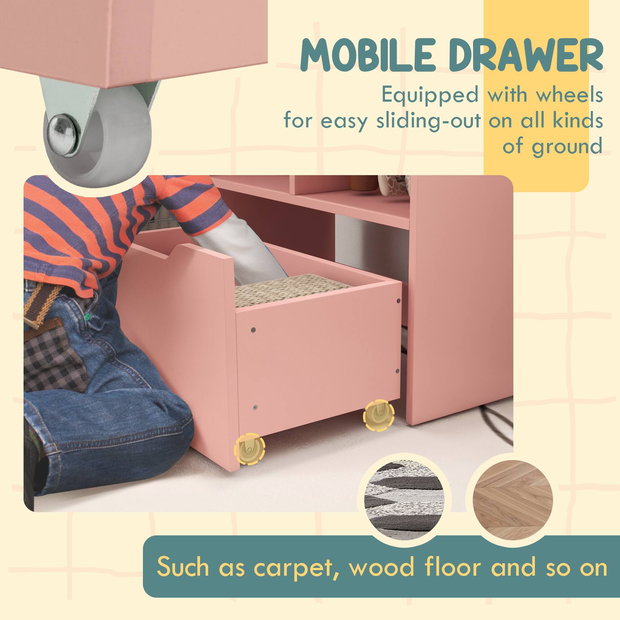 Homcom Kids Bookcase Multi Shelf Book Rack with Mobile Drawer for Books ...