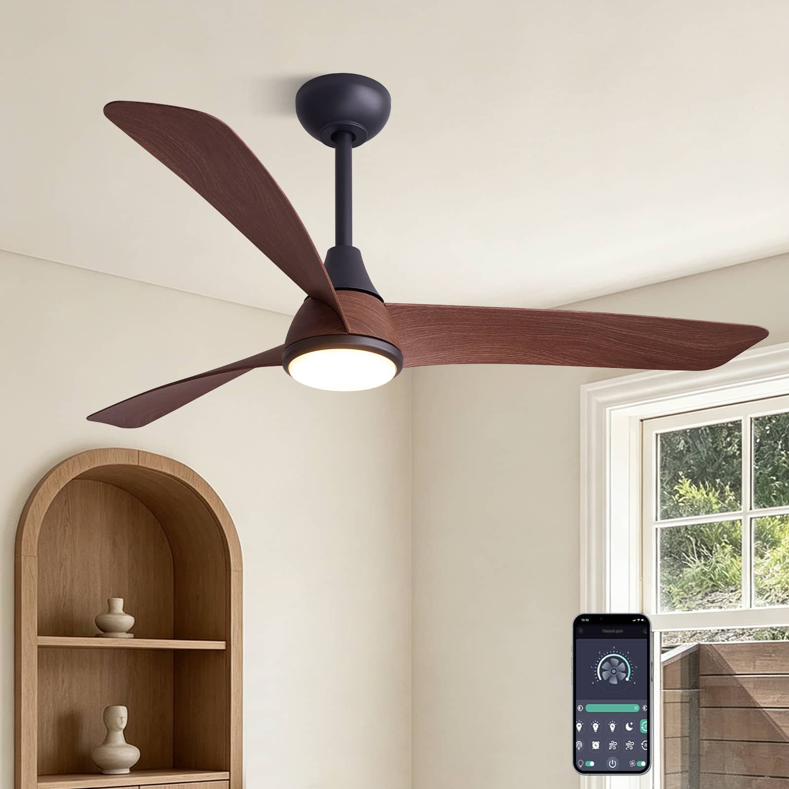 Siljoy - 52 Inch Modern Walnut Textured 3-Blade Ceiling Fan with Integrated LED Light Adjustable Downrod for Living Room Bedroom - Brown