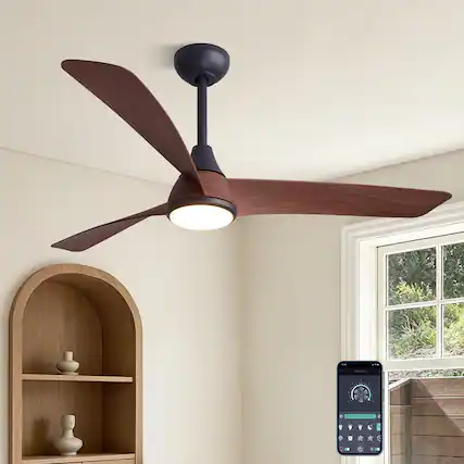 Front. Siljoy - 52 Inch Modern Walnut Textured 3-Blade Ceiling Fan with Integrated LED Light Adjustable Downrod for Living Room Bedroom - BROWN.