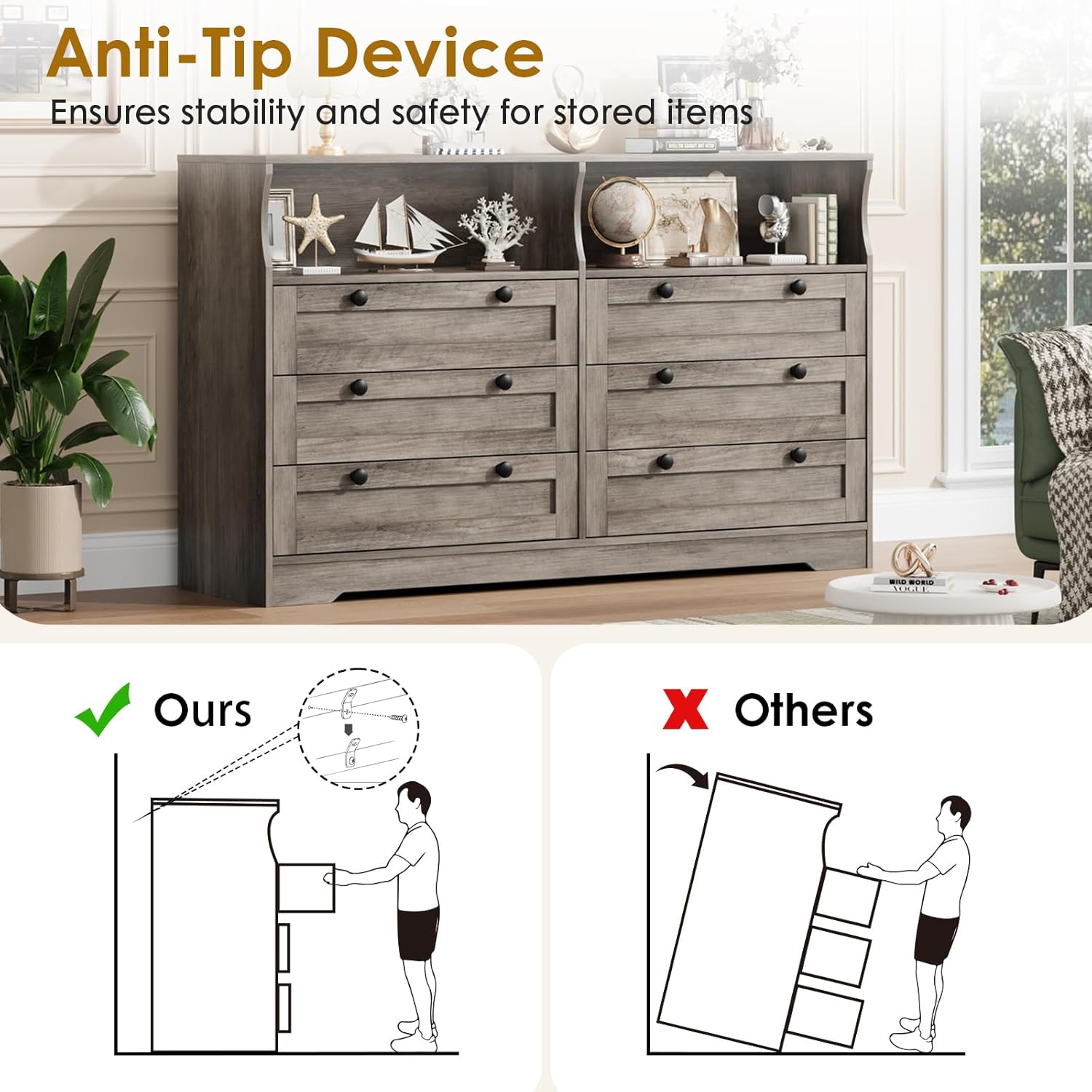 Anti-Tip Device  
Ensures stability and safety for stored items  

Ours  
Others