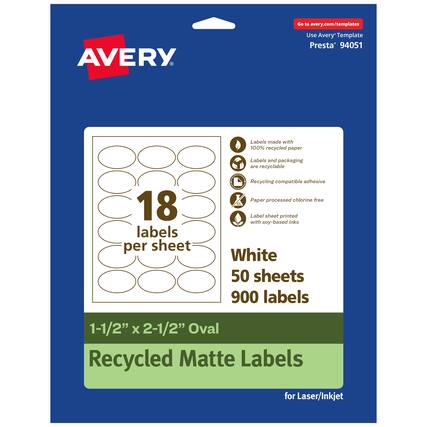 Go to avery.com/templates
Use Avery Template Presta® 94051
Labels made with 100% recycled paper
Labels and packaging are recyclable
Recycling compatible adhesive
Paper processed chlorine free
Label sheet printed with soy-based inks
18 labels per sheet
White
50 sheets
900 labels
1-1/2" x 2-1/2" Oval
Recycled Matte Labels
for Laser/Inkjet