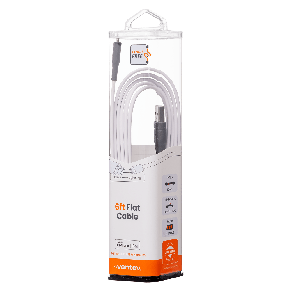 TANGLE FREE  
USB-A  
Lightning  
EXTRA LONG  
6ft Flat Cable  
REINFORCED CONNECTOR  
RAPID III CHARGE  
Made for iPhone iPad  
LIMITED LIFETIME WARRANTY  
LIFETIME  
ventev  
ventermobility.com
