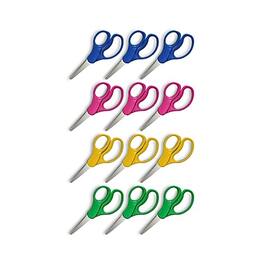 Staples - Teacher Pack 5" Kids Pointed Tip Stainless Steel Scissors, Straight Handle, Right & Left Handed, 12/Pack - Green/Yellow/Pink/Blue