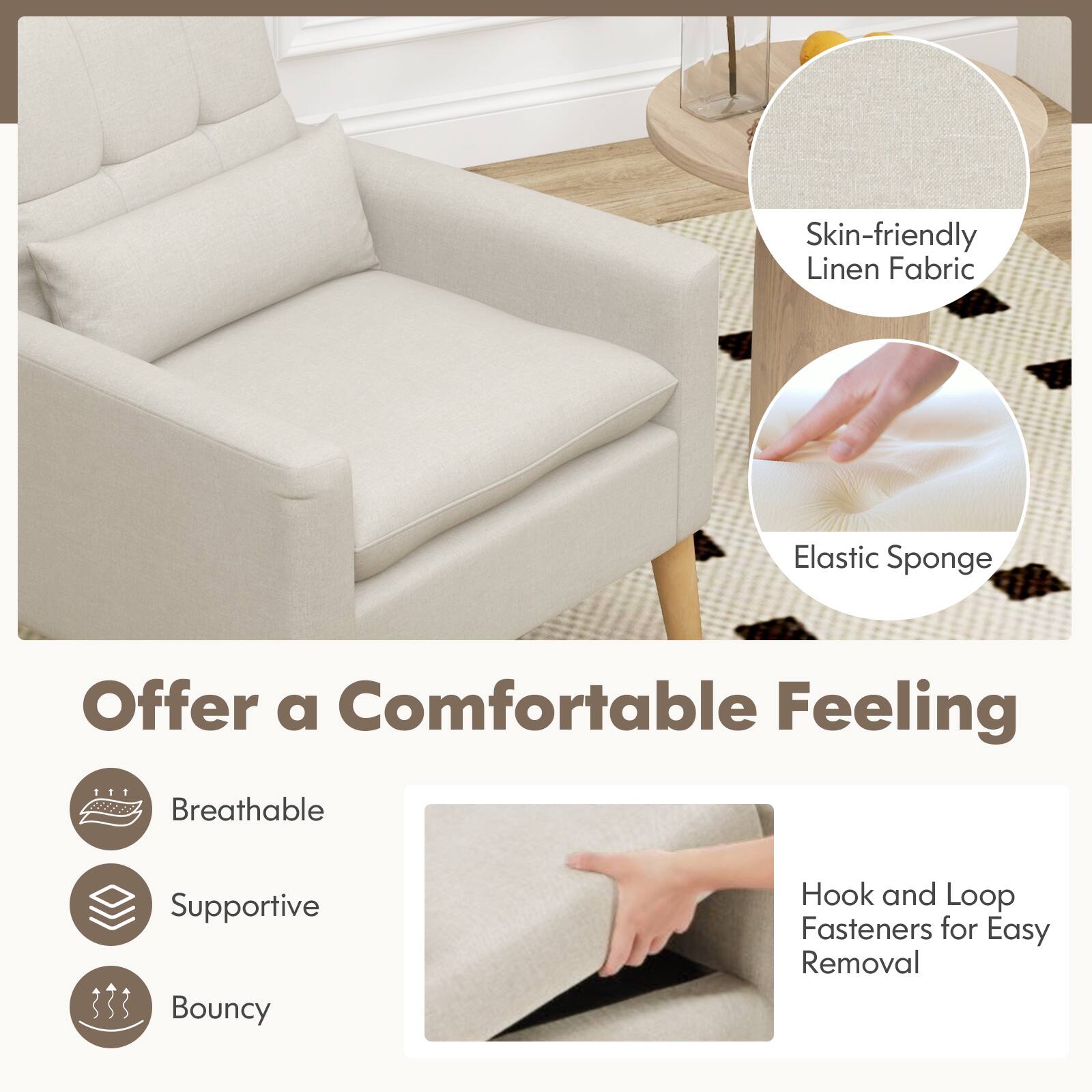 "Offer a Comfortable Feeling with Skin-friendly Linen Fabric, Elastic Sponge, and Breathable Supportive Bouncy Hook and Loop Fasteners for Easy Removal."