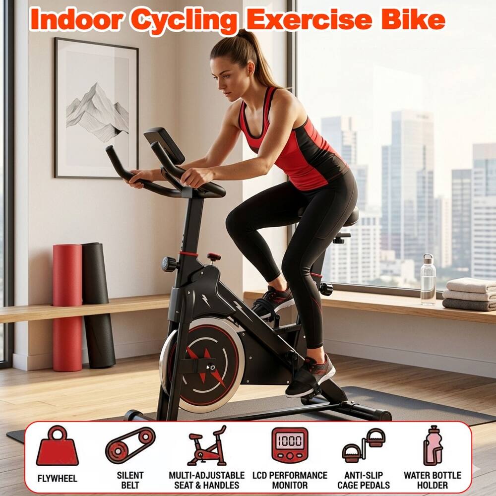 Indoor Cycling Exercise Bike 1000 FLYWHEEL SILENT MULTI-ADJUSTABLE LCD PERFORMANCE ANTI-SLIP WATER BOTTLE BELT SEAT & HANDLES MONITOR CAGE PEDALS HOLDER