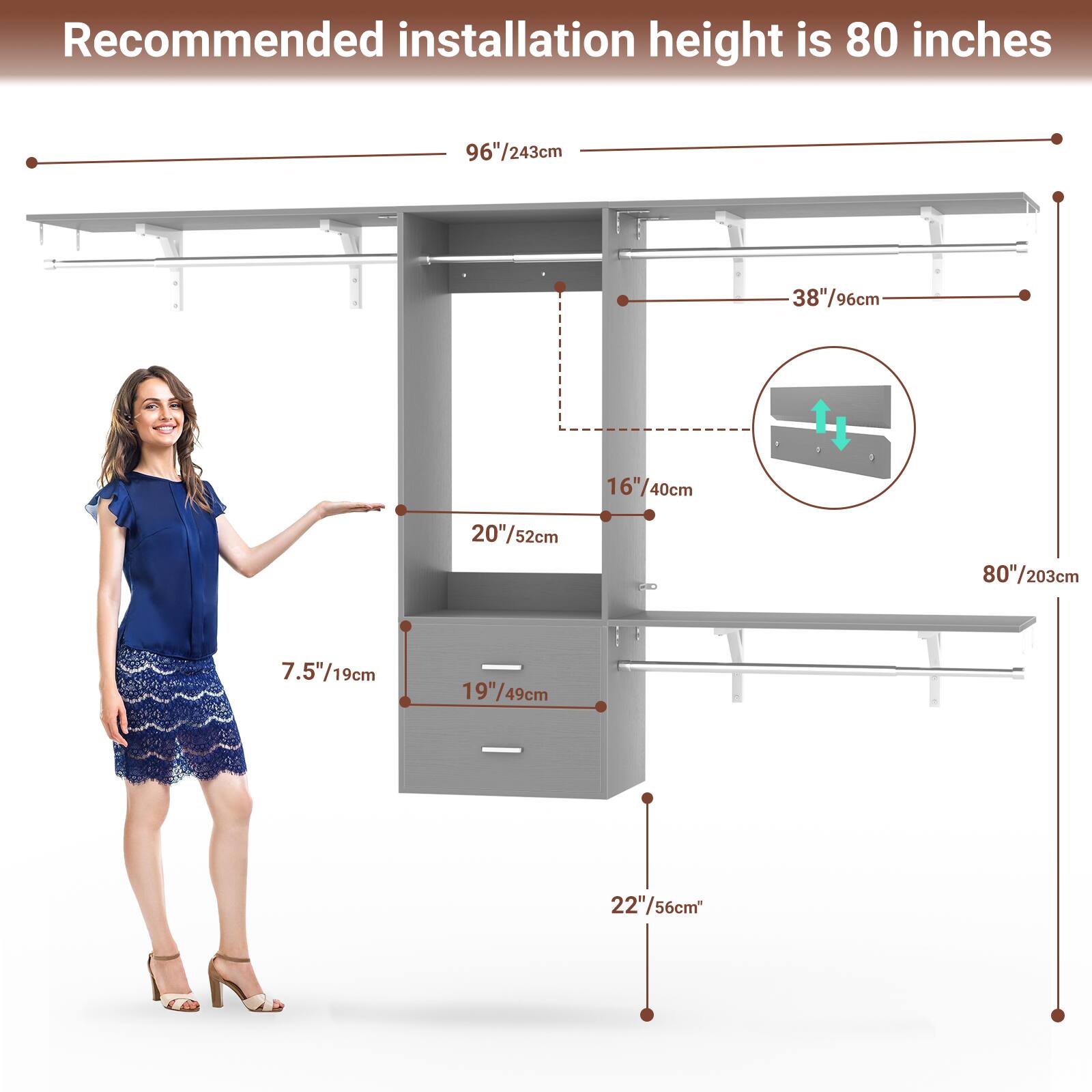 Recommended installation height is 80 inches

- 96"/243cm
- 38"/96cm
- 16"/40cm
- 20"/52cm
- 80"/203cm
- 7.5"/19cm
- 19"/49cm
- 22"/56cm