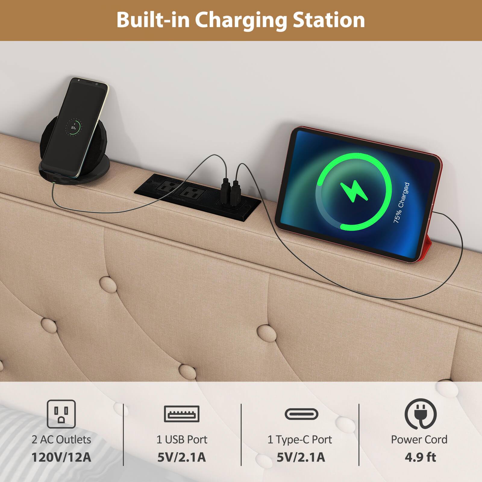 Built-in Charging Station  
Charged 75%  
2 AC Outlets 120V/12A  
1 USB Port 5V/2.1A  
1 Type-C Port 5V/2.1A  
Power Cord 4.9 ft